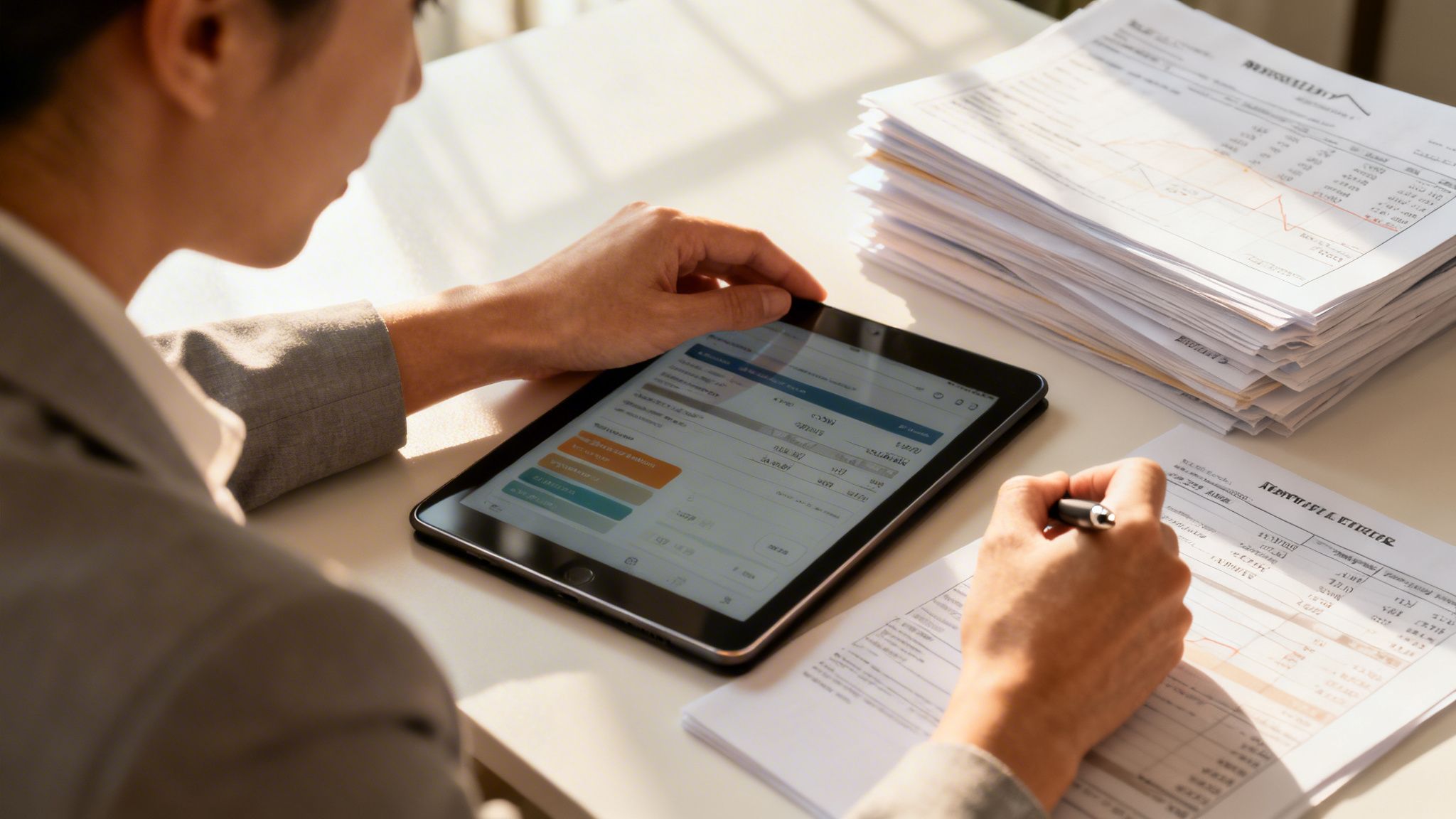 Une femme d'affaires examinant des documents financiers et travaillant sur une tablette numérique au bureau.