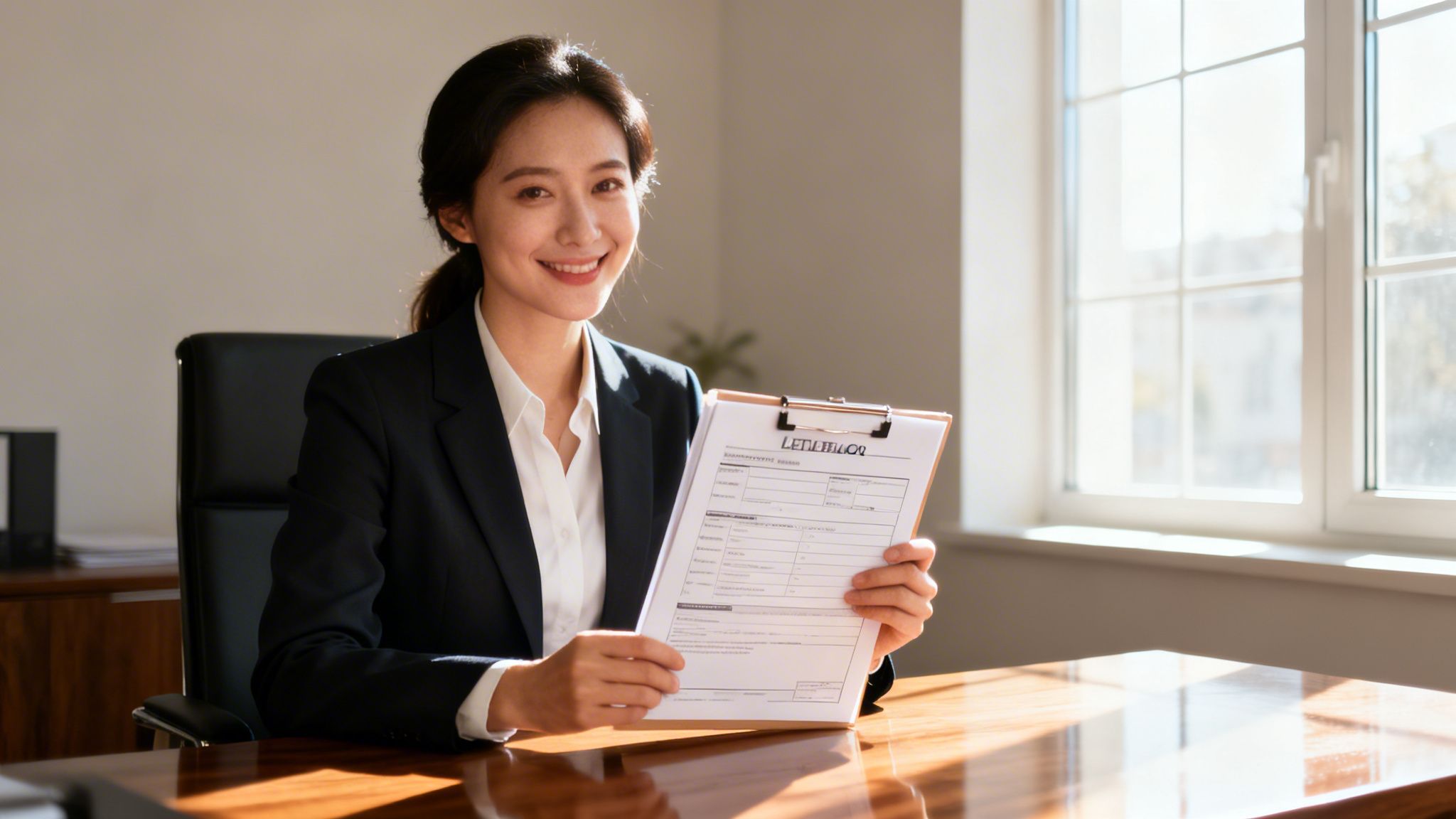 Une femme professionnelle souriante en costume tenant un document officiel sur un presse-papiers dans son bureau.
