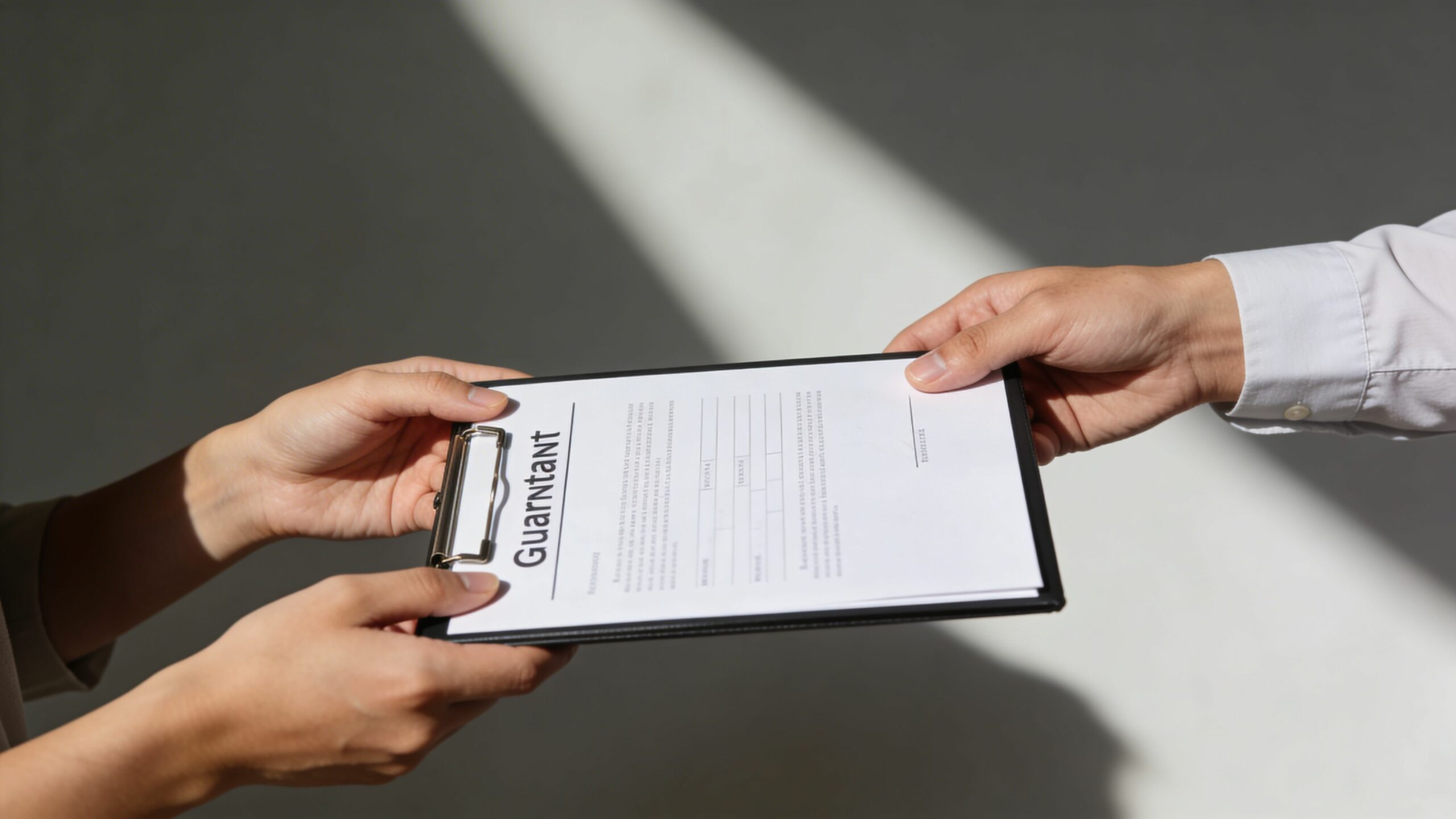 Une personne remet un document de garantie pour la location d'un appartement à un autre individu.