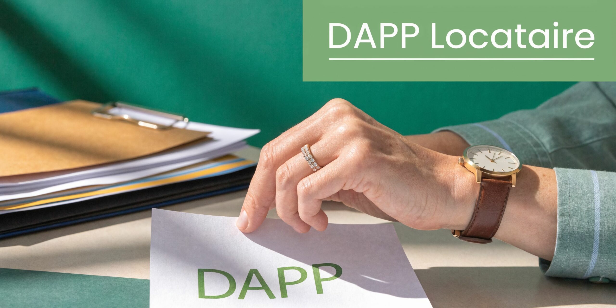 Une personne tient une feuille de papier avec l'inscription DAPP devant des dossiers de documents administratifs