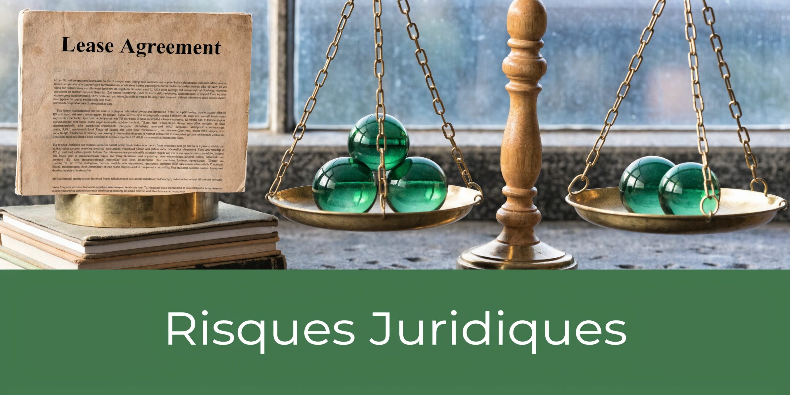 Une balance de justice posée sur une table à côté d'un contrat de location et de livres