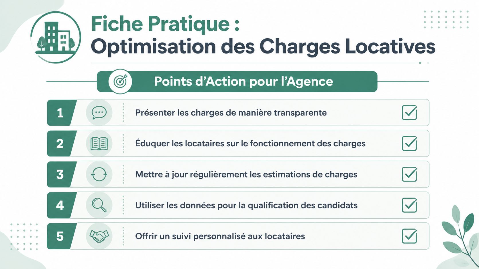 Infographie intitulée Fiche Pratique présentant cinq points d'action pour l'optimisation des charges locatives par une agence immobilière.