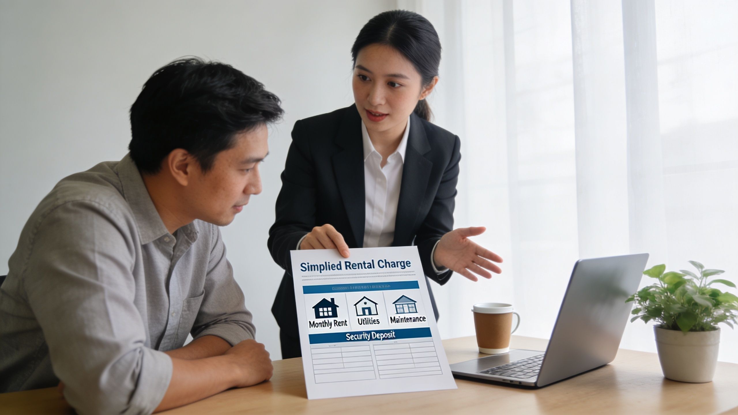 Une agente immobilière explique les détails des charges locatives à un client potentiel lors d'un rendez-vous.