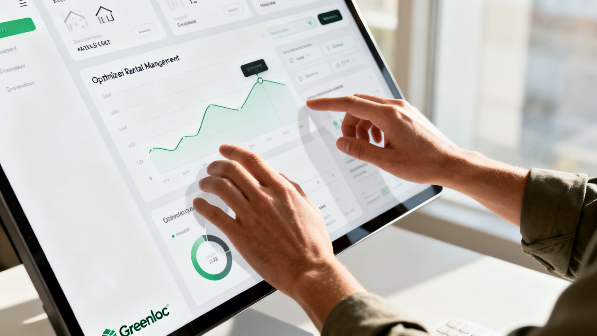 Une personne utilise un écran tactile interactif pour analyser des données de gestion locative sur un tableau bord.