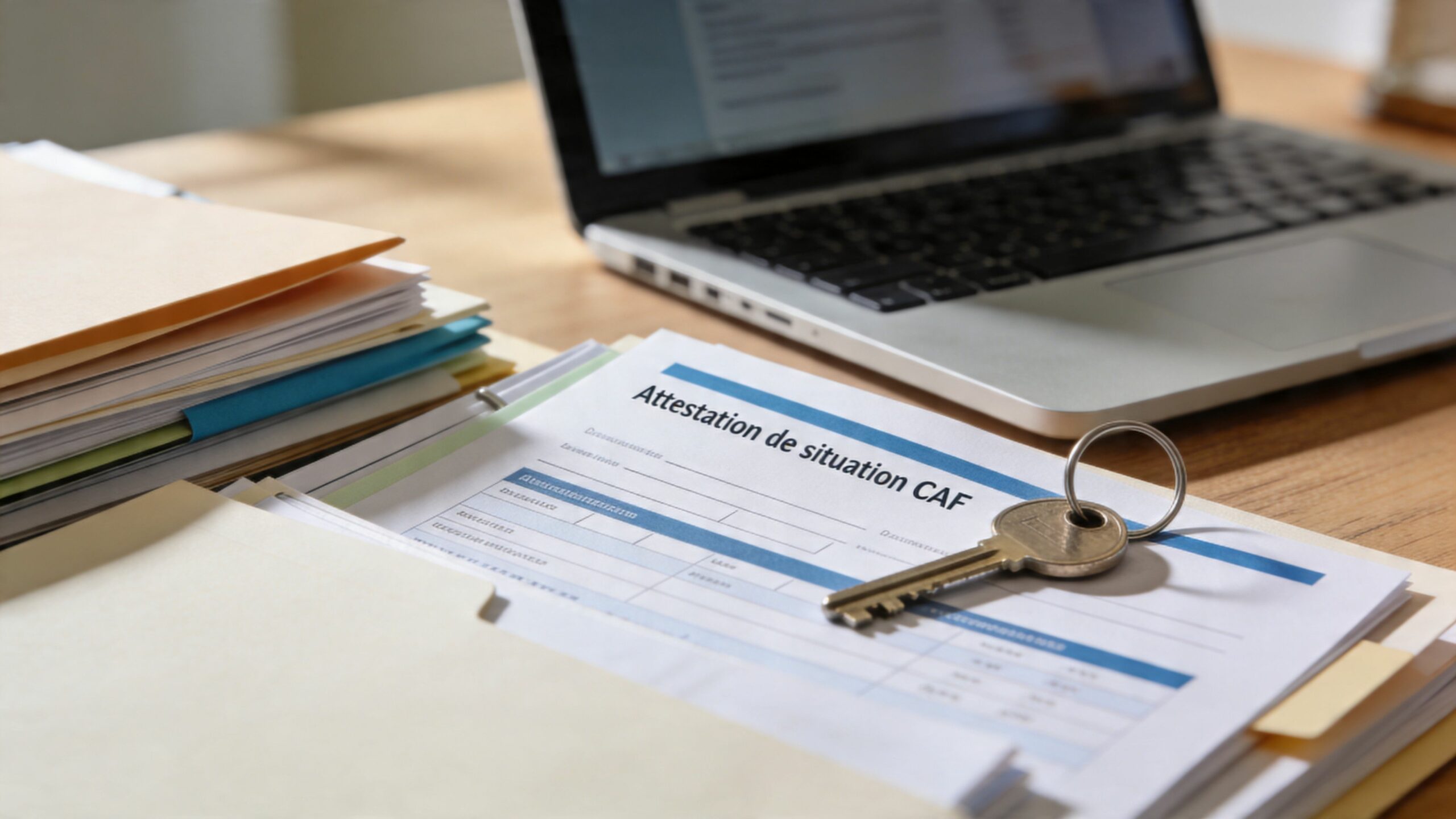 Une attestation de situation CAF posée sur un bureau avec une clé et un ordinateur portable.
