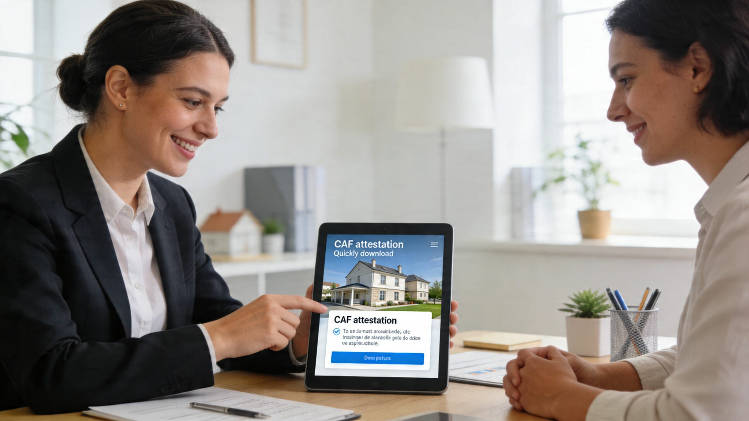 Une conseillère immobilière présente un document de demande d'attestation CAF sur une tablette à sa cliente.