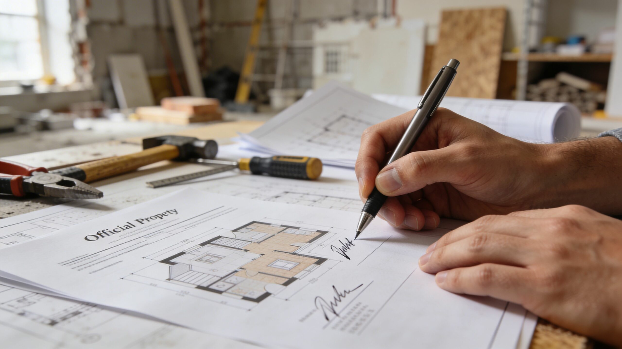 Une main signe un plan architectural officiel posé sur une table de chantier avec des outils.