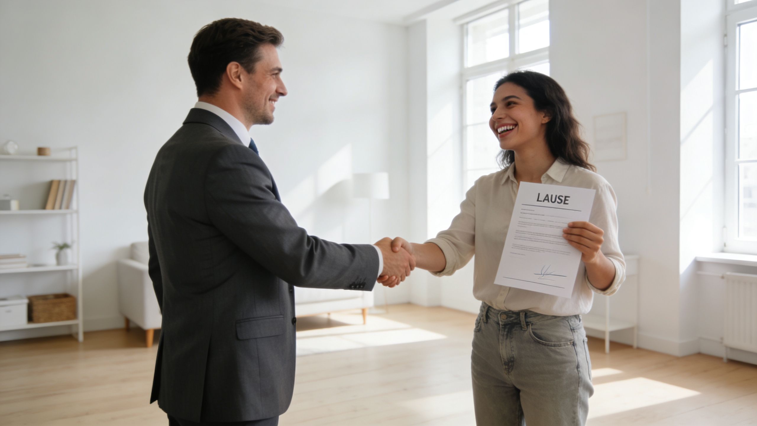 Un propriétaire et une locataire souriante se serrent la main en signant un contrat de location d'appartement
