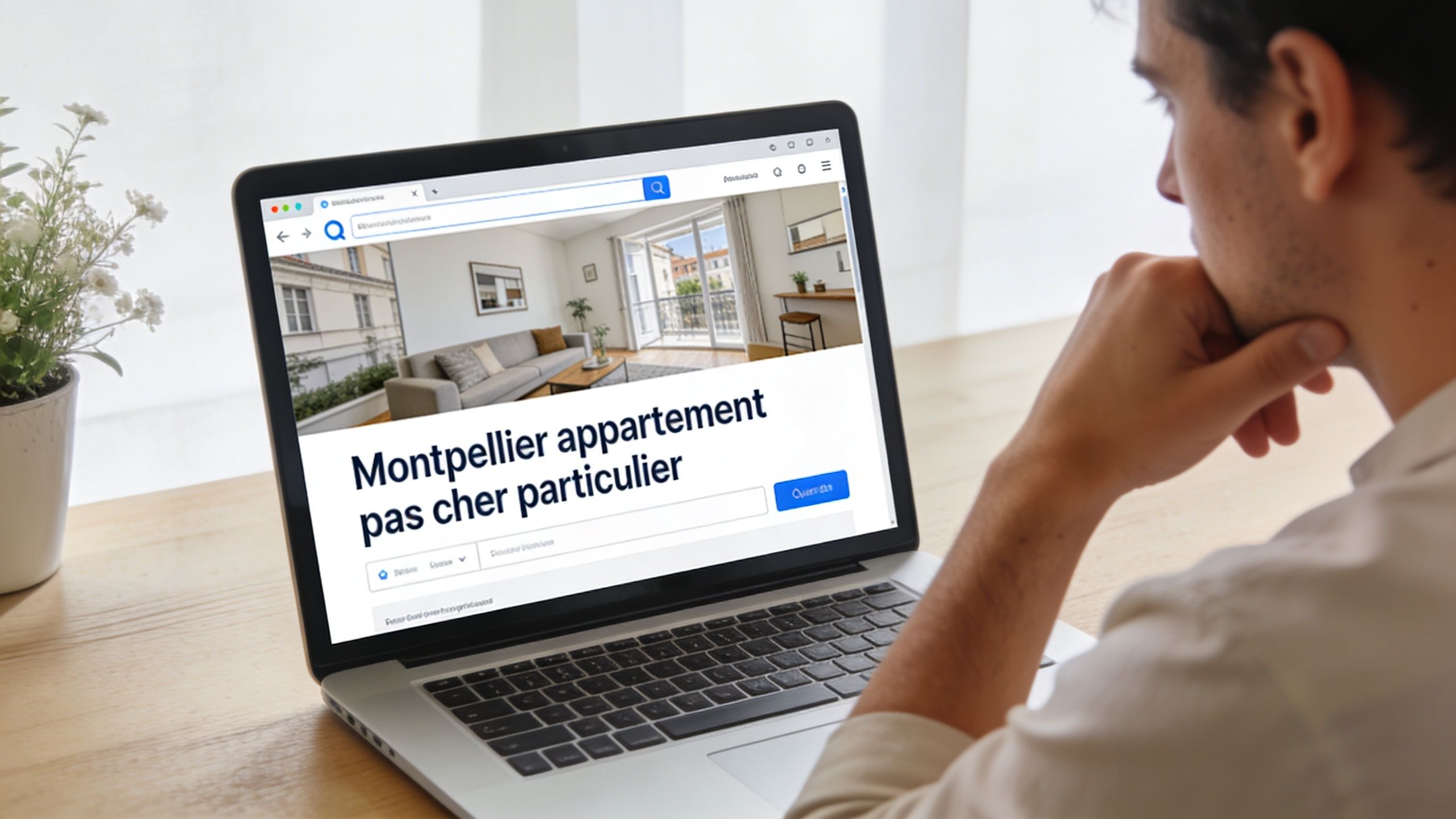 Un jeune homme assis à son bureau utilise son ordinateur portable pour rechercher des appartements abordables à Montpellier.