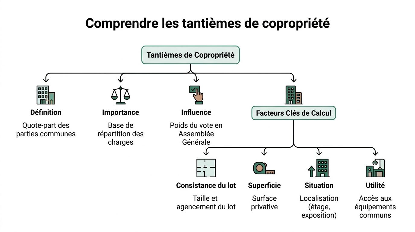Schéma explicatif des tantièmes de copropriété détaillant la définition, l'importance, l'influence et les facteurs de calcul.