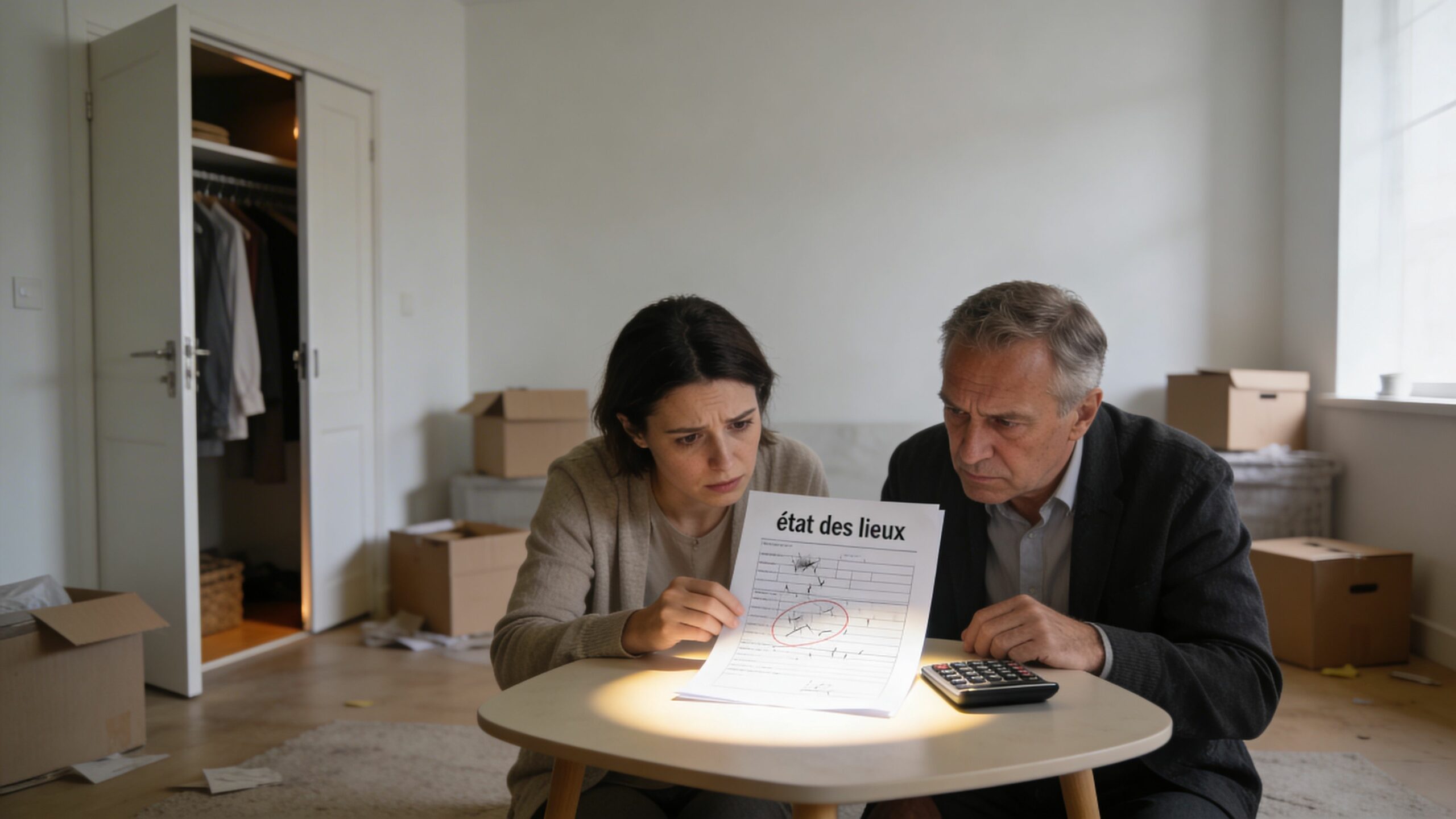 Un couple inquiet examine un document d'état des lieux lors de leur emménagement dans un appartement vide.