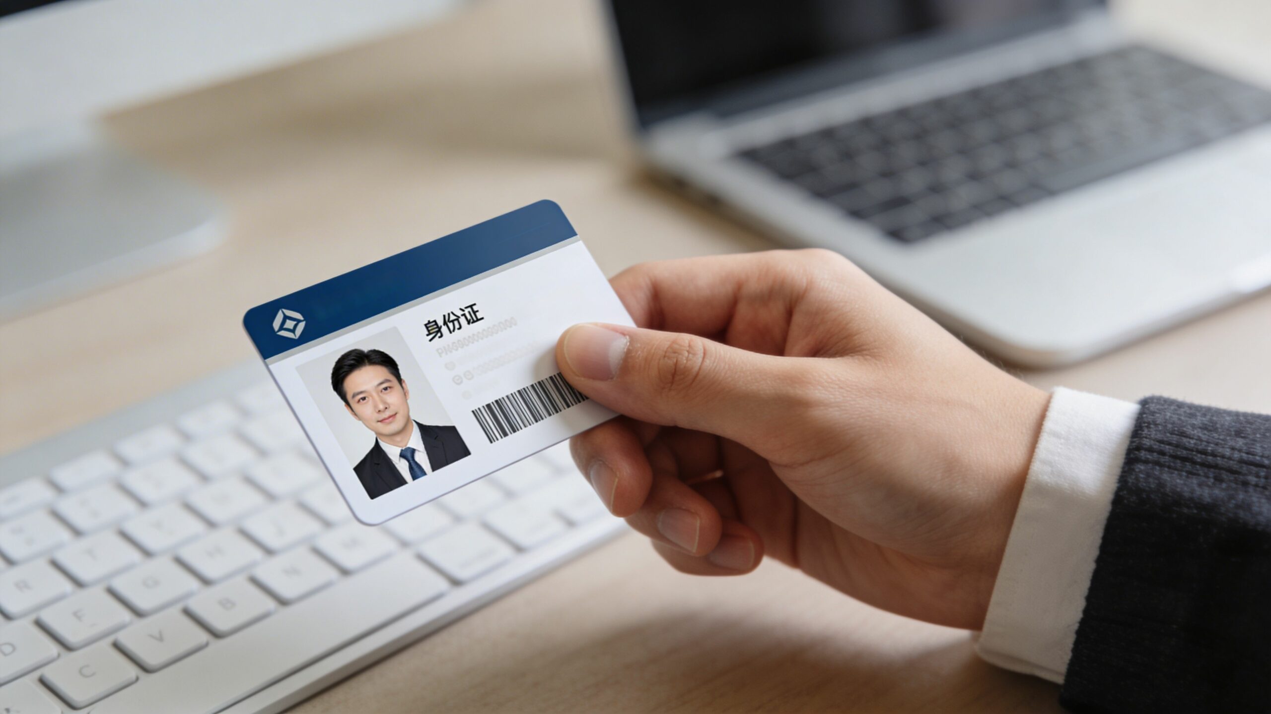 Une main tenant une carte d'identité numérique en plastique devant un clavier et un ordinateur portable.