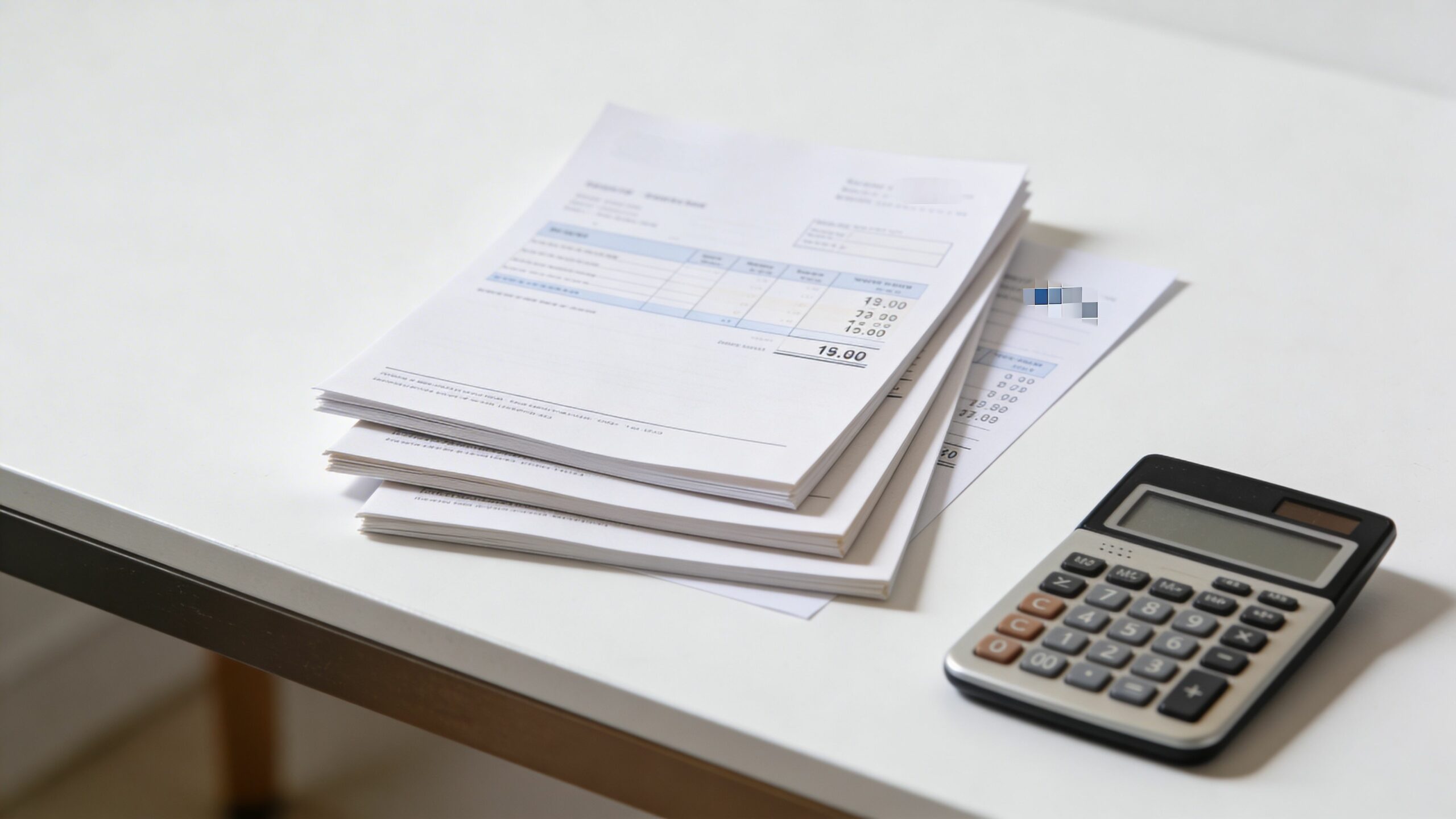 Une pile de documents administratifs avec une calculatrice posée sur un bureau blanc propre pour la gestion financière.