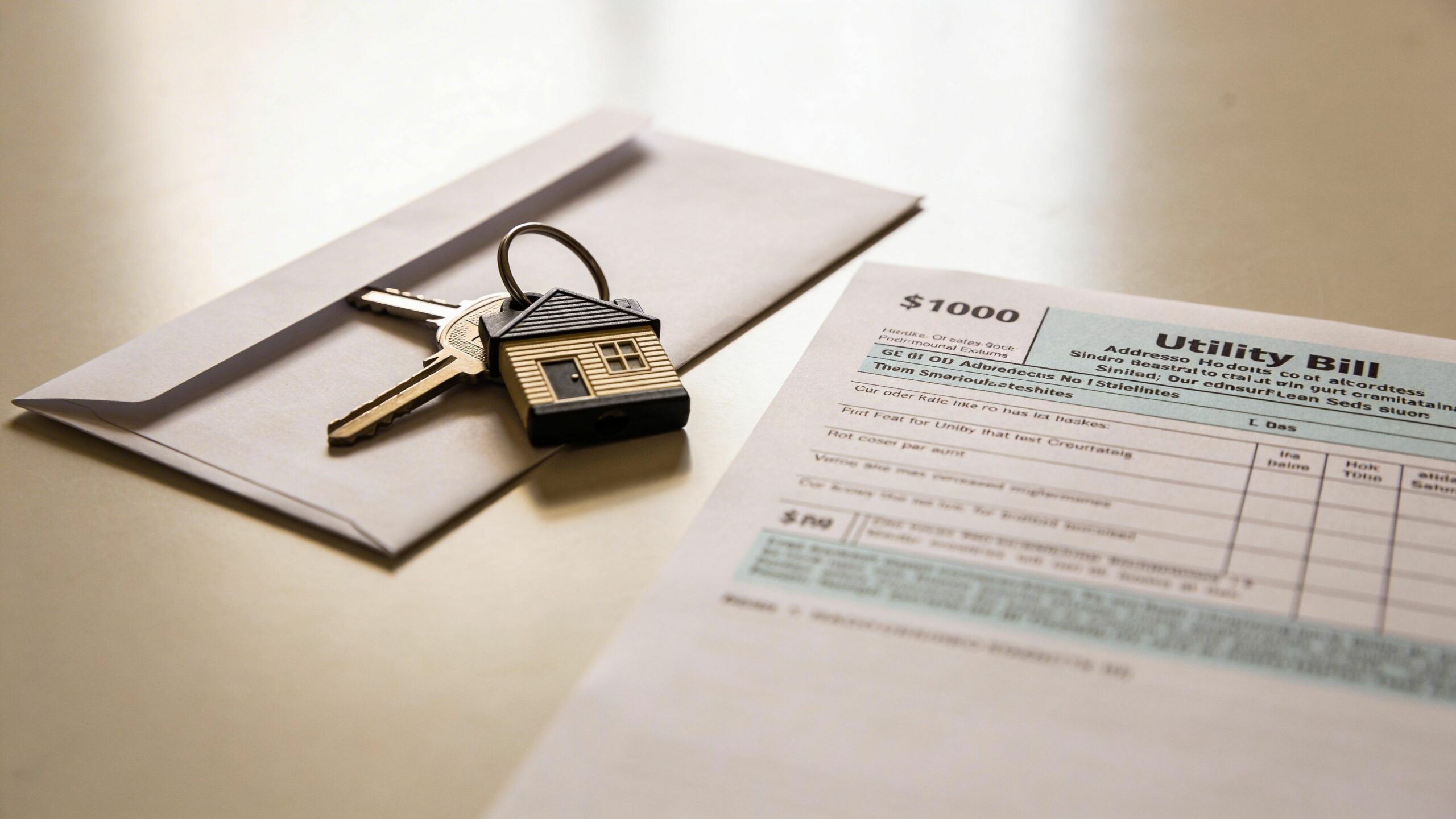 Des clés de maison avec un porte-clés en forme de maison posées sur une enveloppe et une facture.