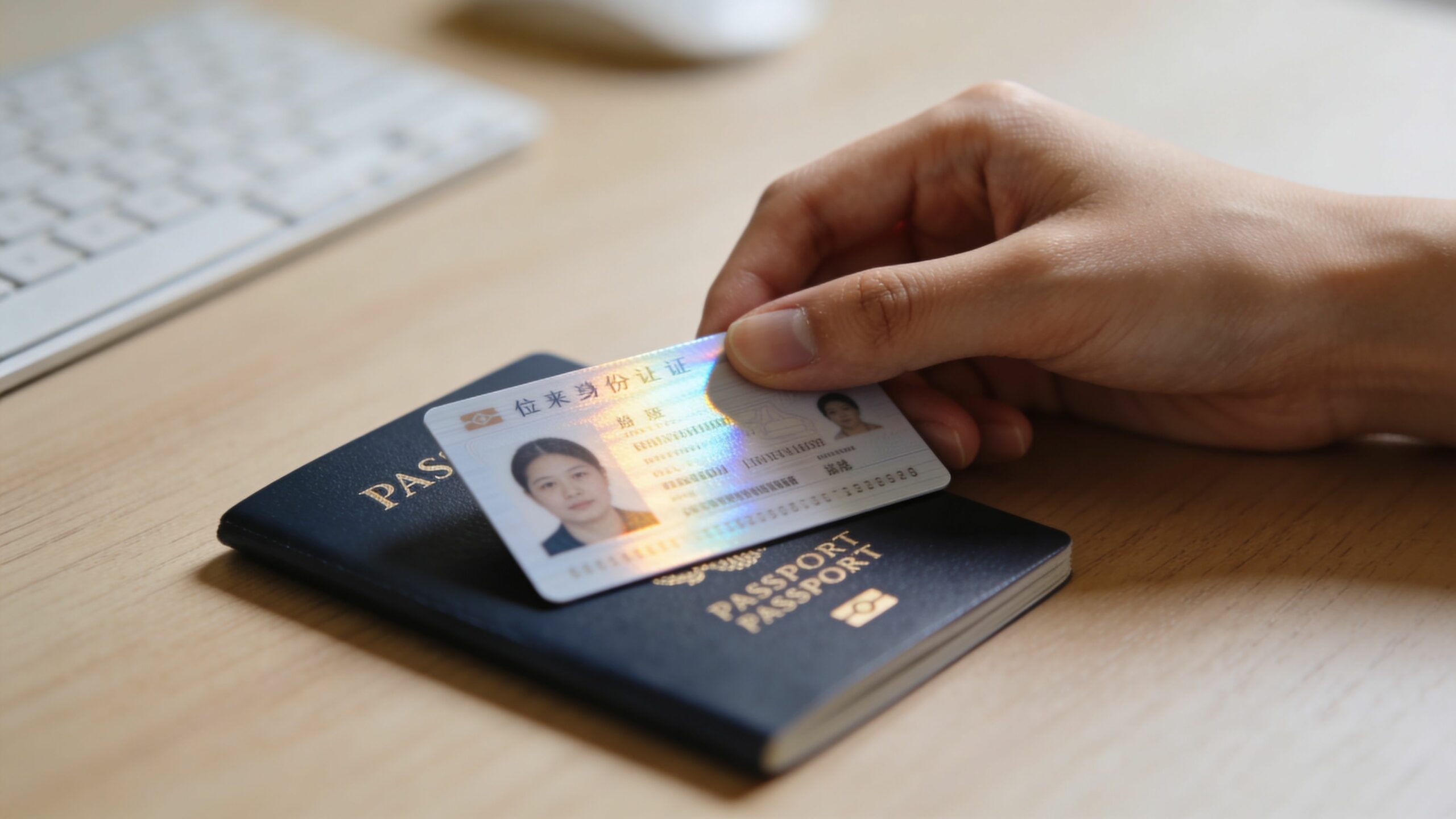 Une main tenant une pièce d'identité sur un passeport fermé sur une table de bureau en bois.