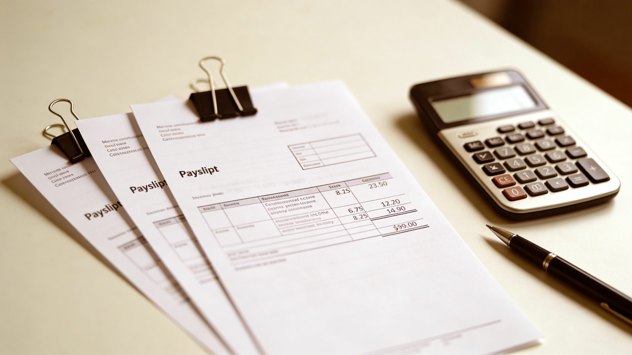 Des documents de type bulletins de paie avec une calculatrice et un stylo sur un bureau.