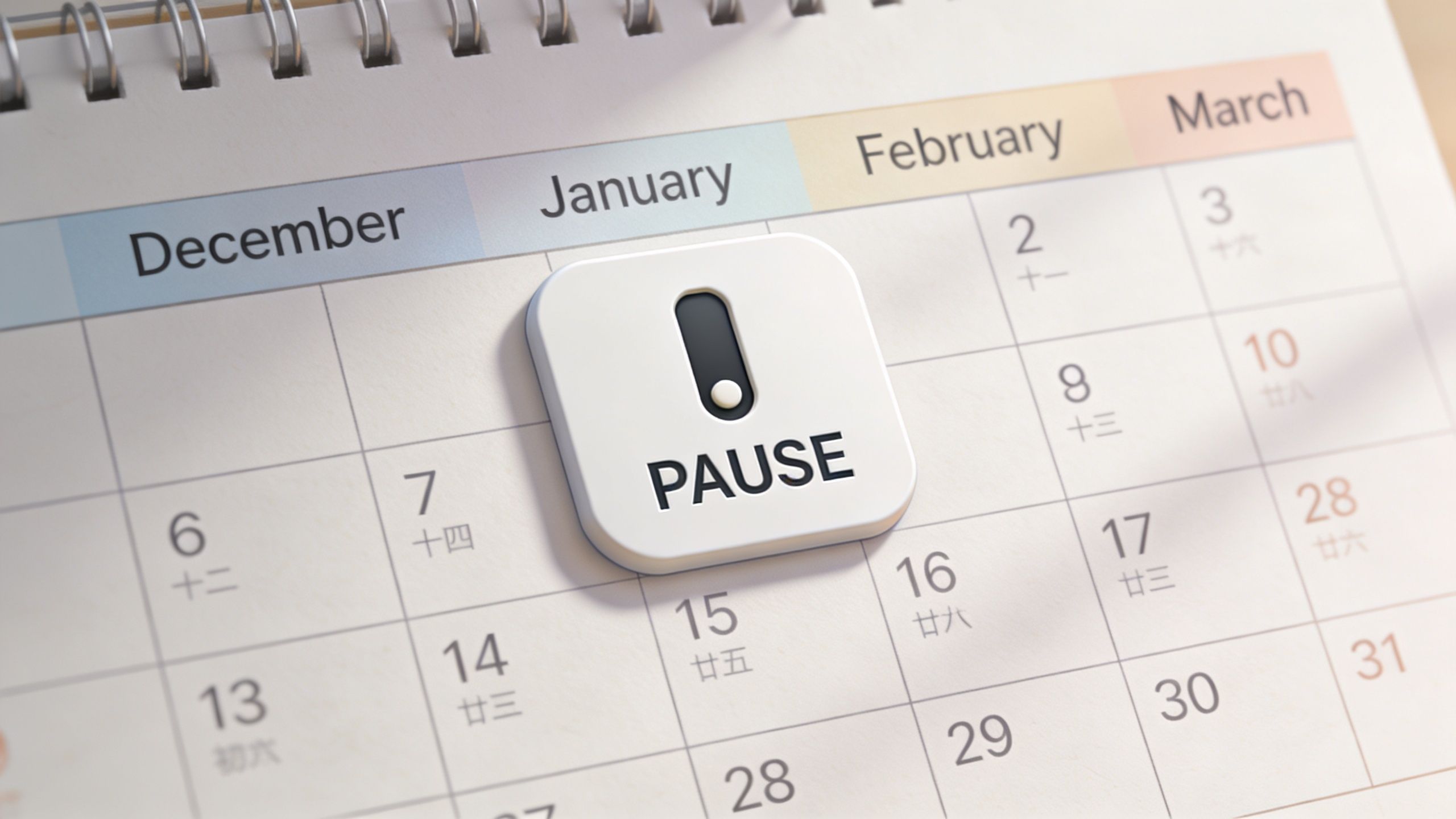 Un calendrier montrant le mot pause avec un bouton de mise en pause sur une date spécifique.
