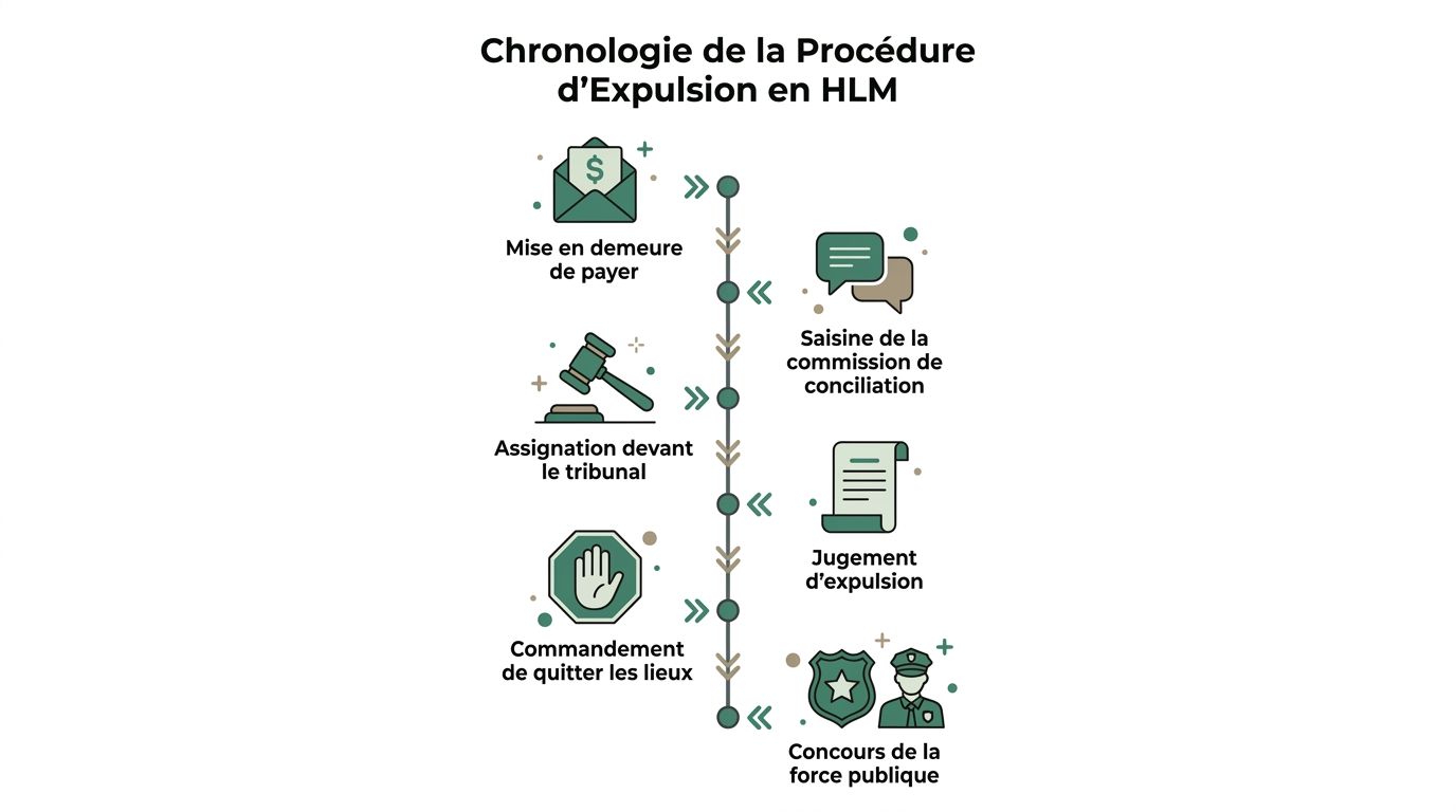 Infographie illustrant les étapes chronologiques de la procédure d'expulsion pour loyers impayés en logement social HLM.