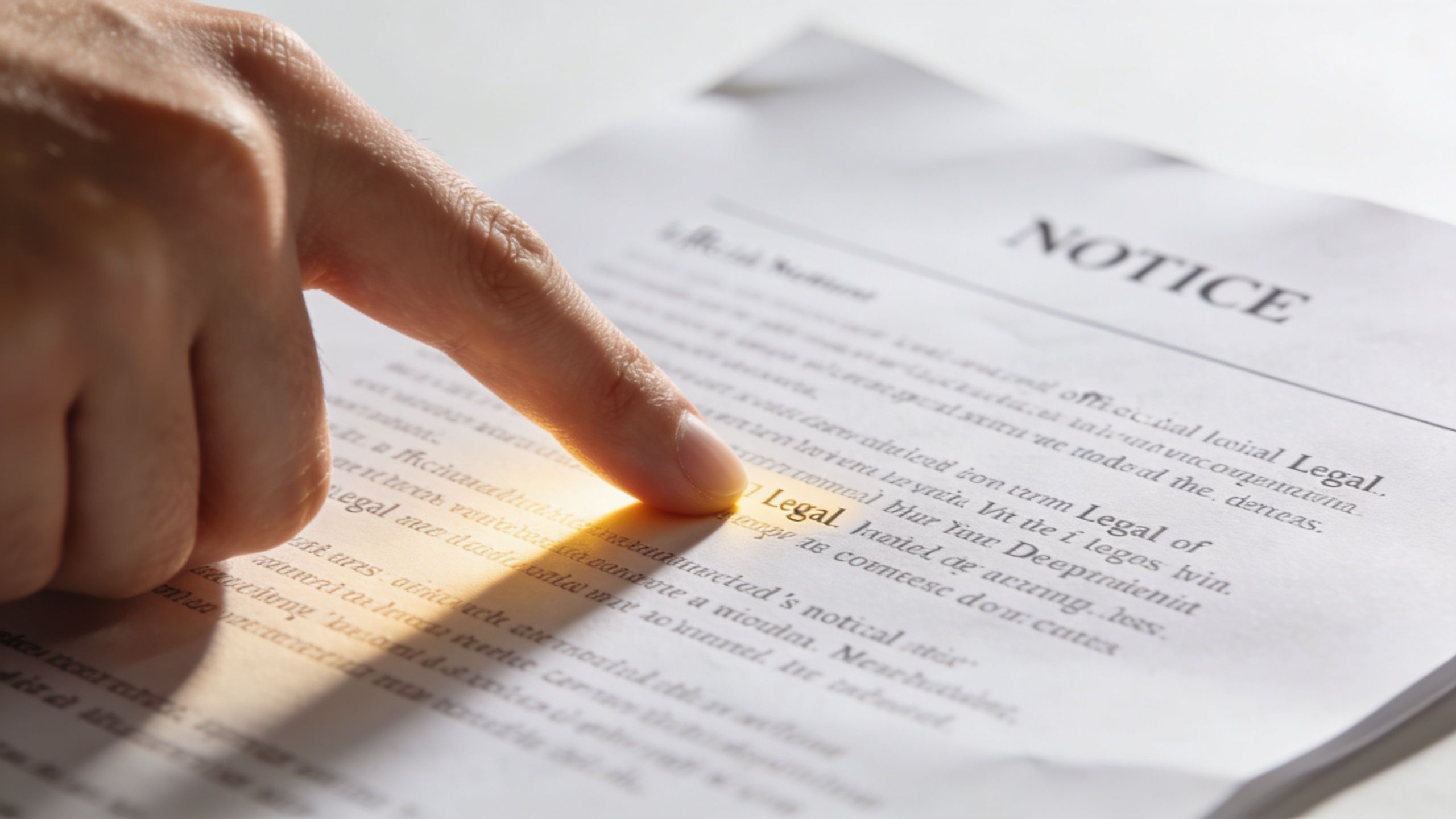 Une main pointe le mot Légal sur un document officiel pour souligner une procédure importante.