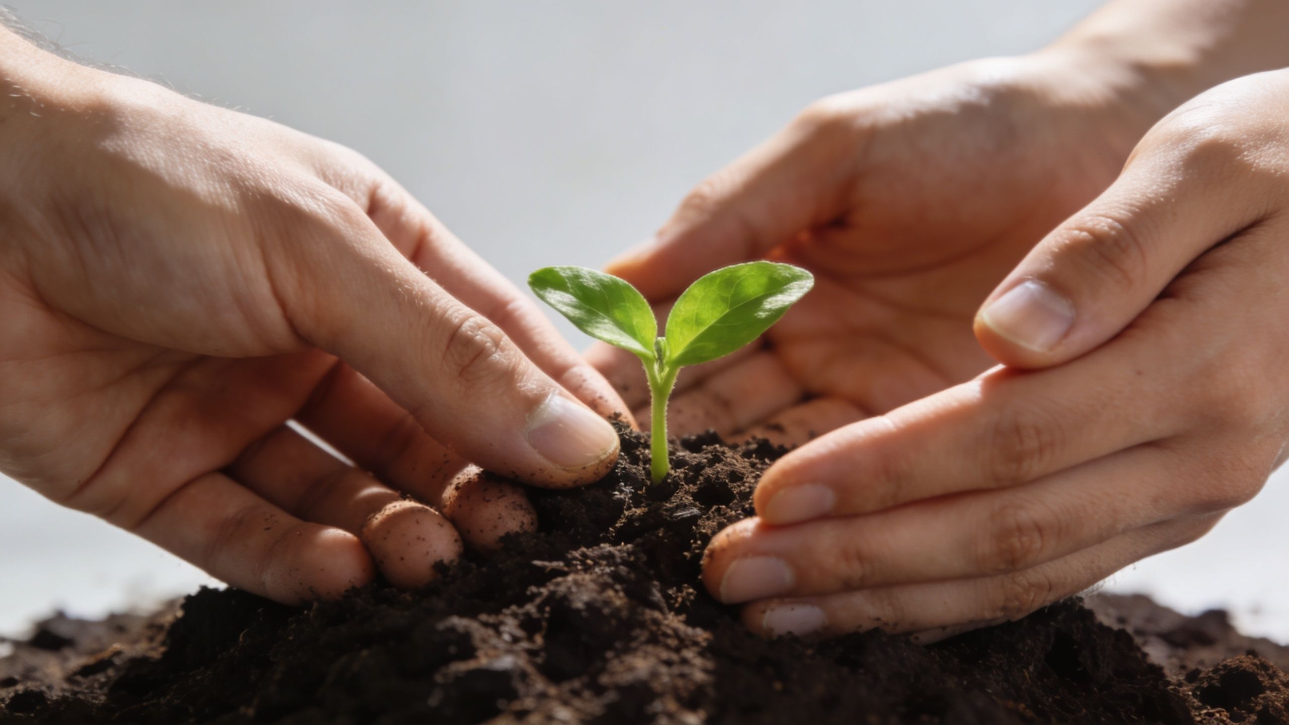 Deux mains protégeant délicatement une jeune pousse verte qui émerge d'un monticule de terre fertile