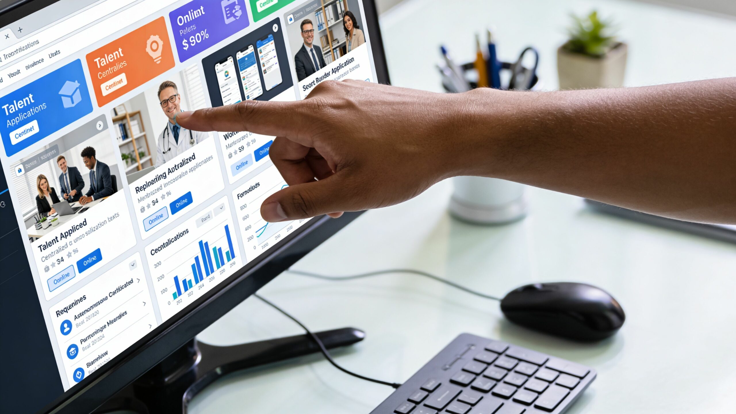 Une personne pointe du doigt l'écran d'un ordinateur affichant des données et des graphiques de gestion professionnelle.