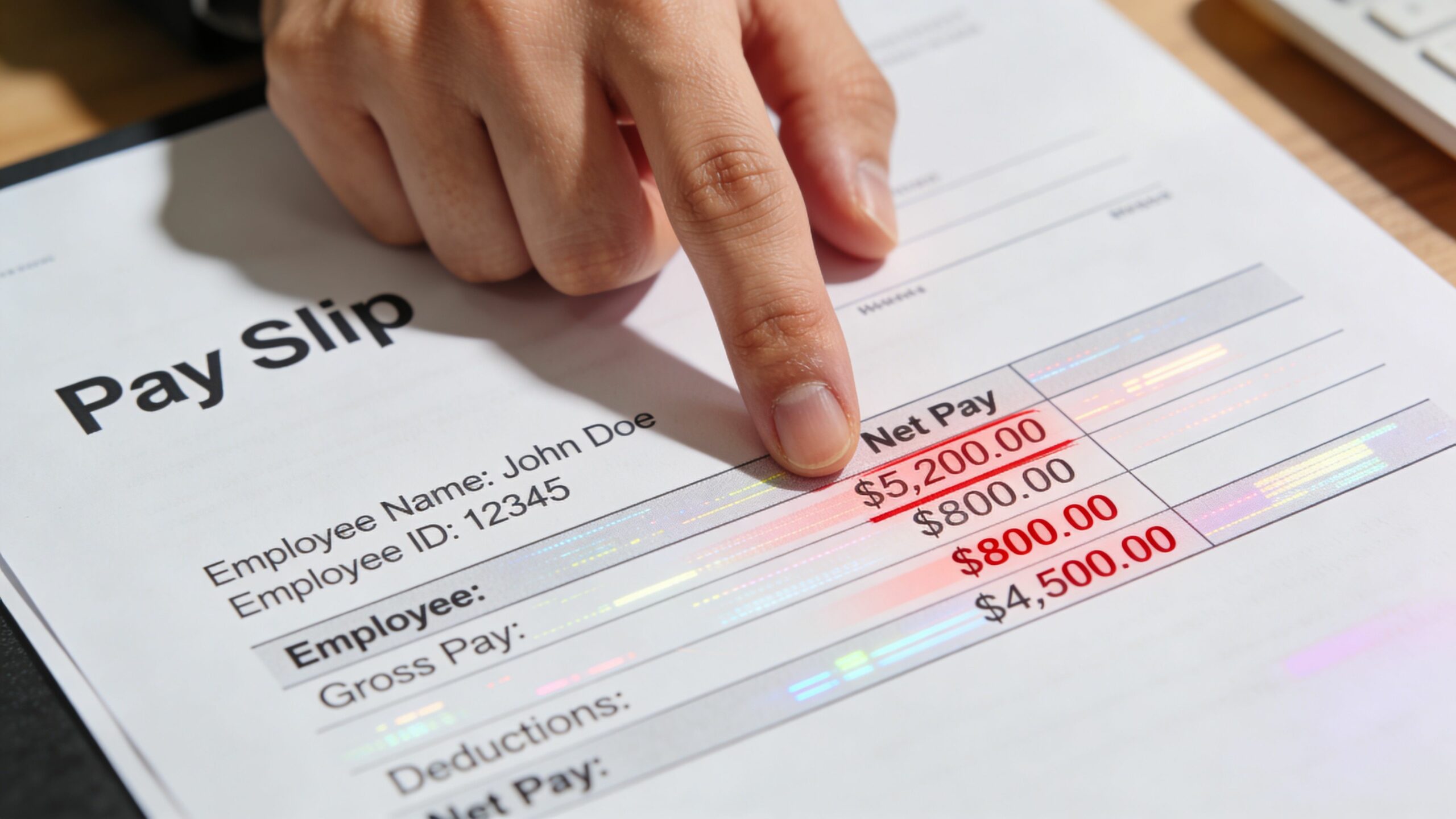 Une main pointant sur le salaire net d'une fiche de paie d'un employé nommé John Doe