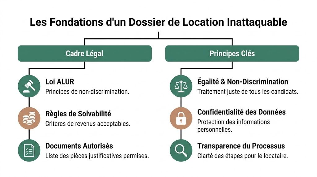 Schéma explicatif présentant les fondations essentielles d'un dossier de location locative inattaquable en France.