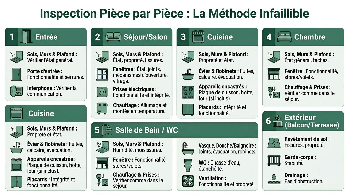 Infographie illustrant une méthode infaillible pour réaliser l'état des lieux d'un logement pièce par pièce.