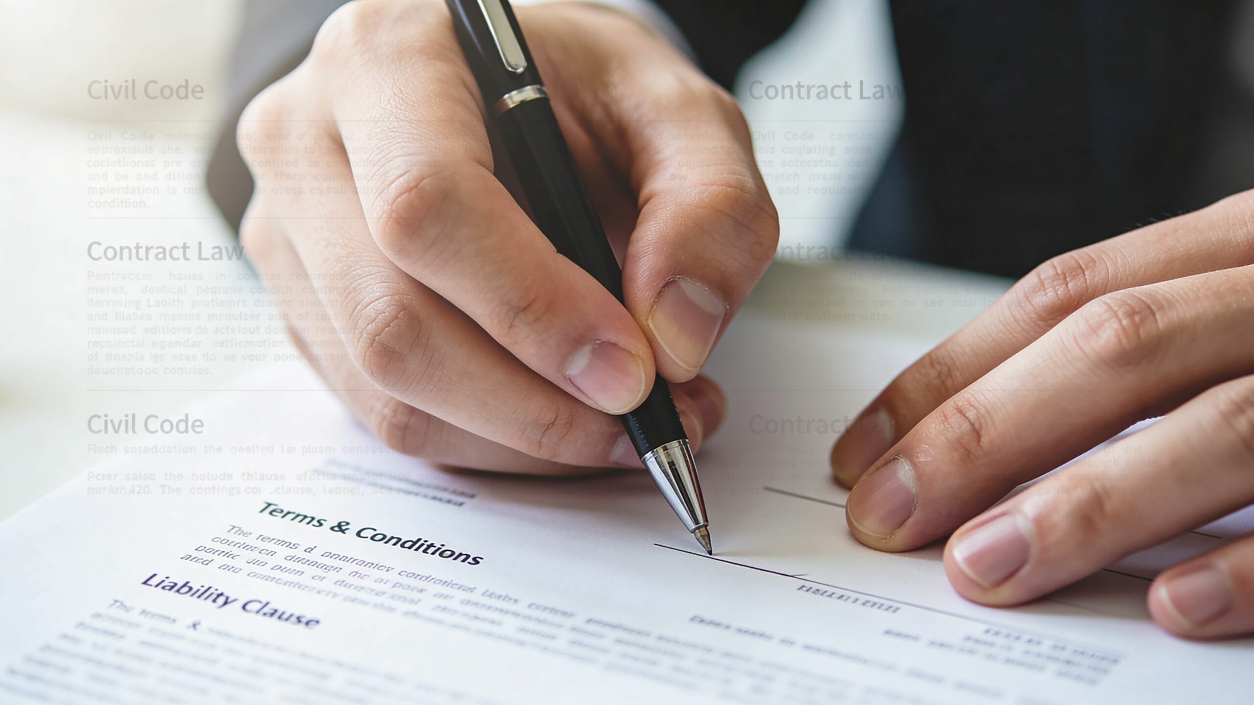 Une main signant un document officiel comprenant des conditions générales et une clause de responsabilité.