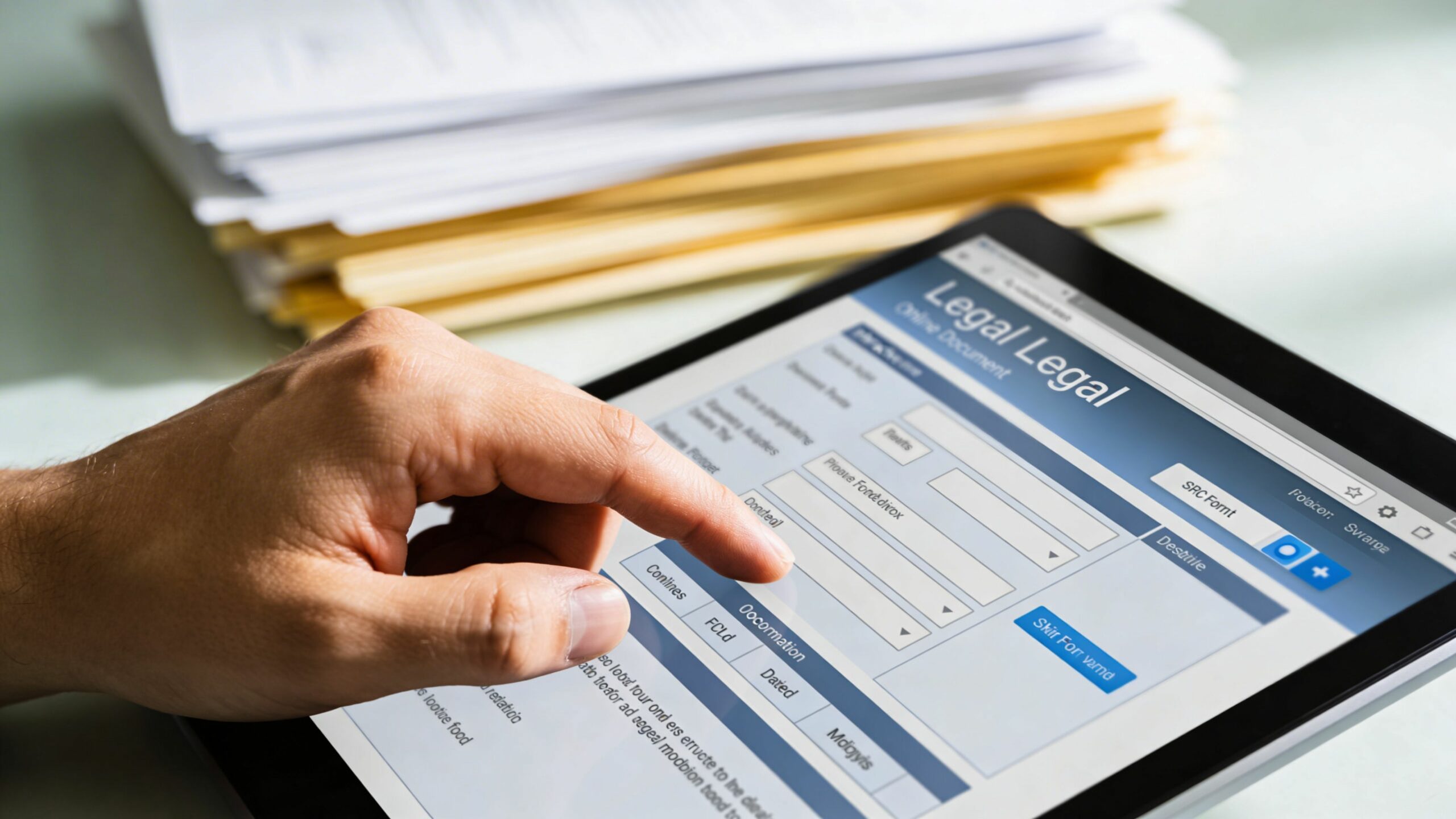 Une personne remplissant un document juridique numérique sur une tablette avec des dossiers papier en arrière-plan.