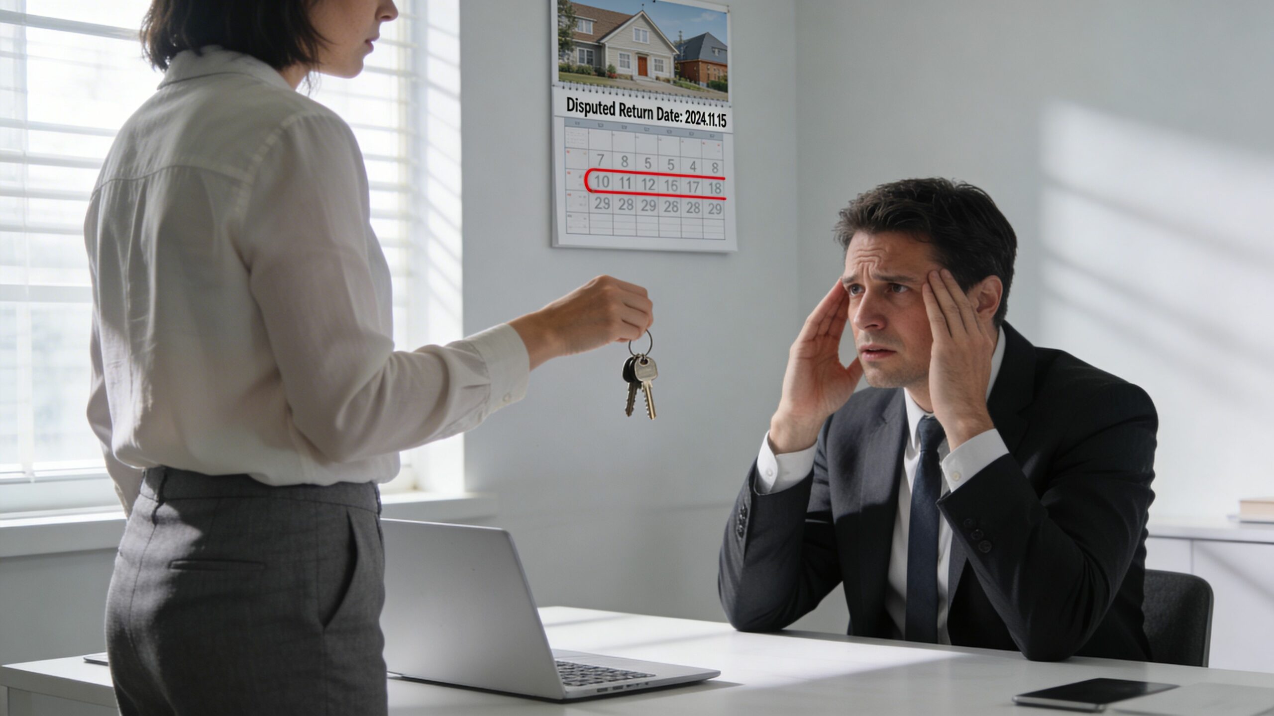 Une femme remet des clés à un homme d'affaires stressé dans un bureau, évoquant une situation conflictuelle immobilière.