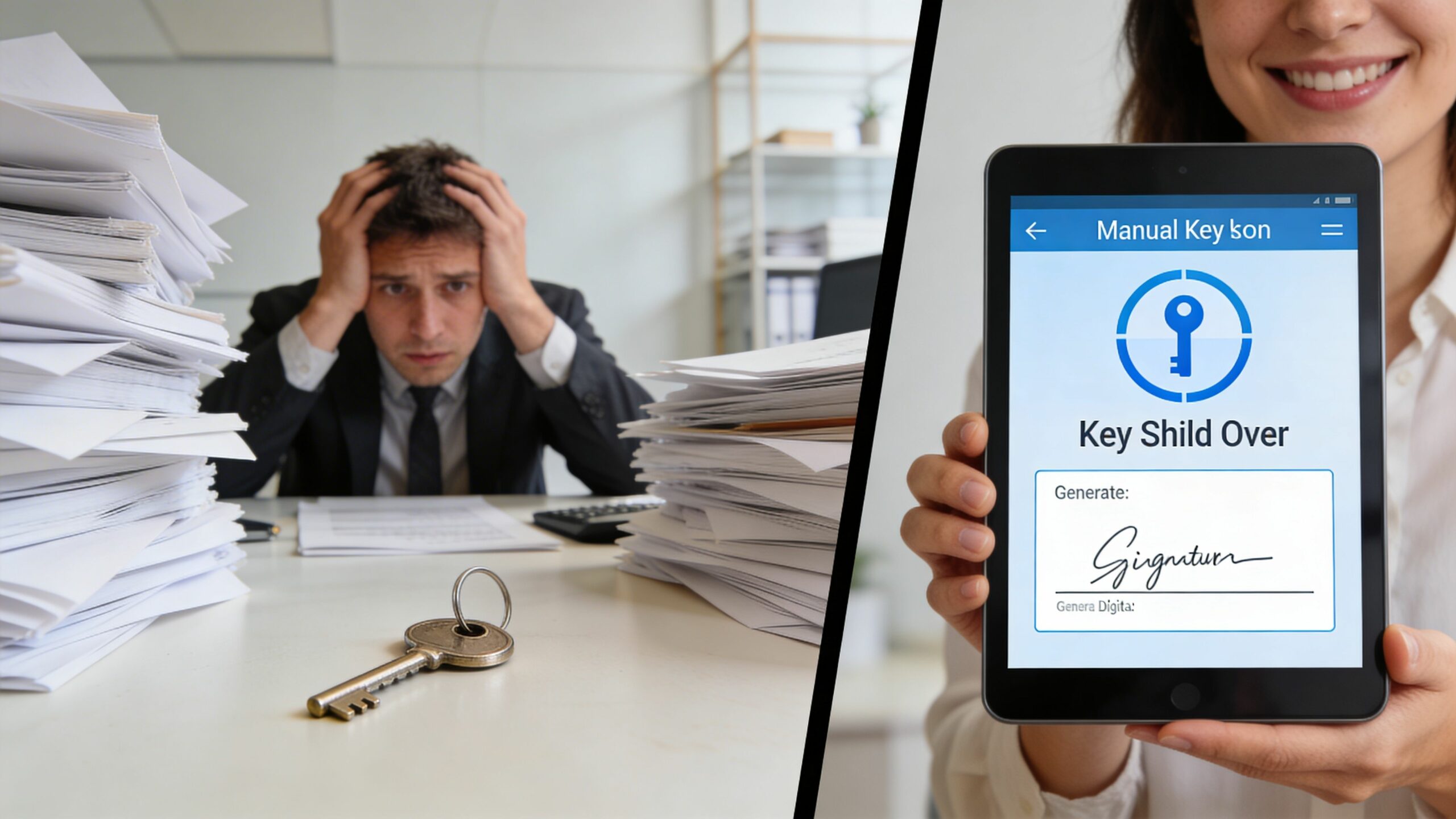Homme stressé avec des papiers devant une clé, comparé à une tablette numérique montrant une signature électronique.