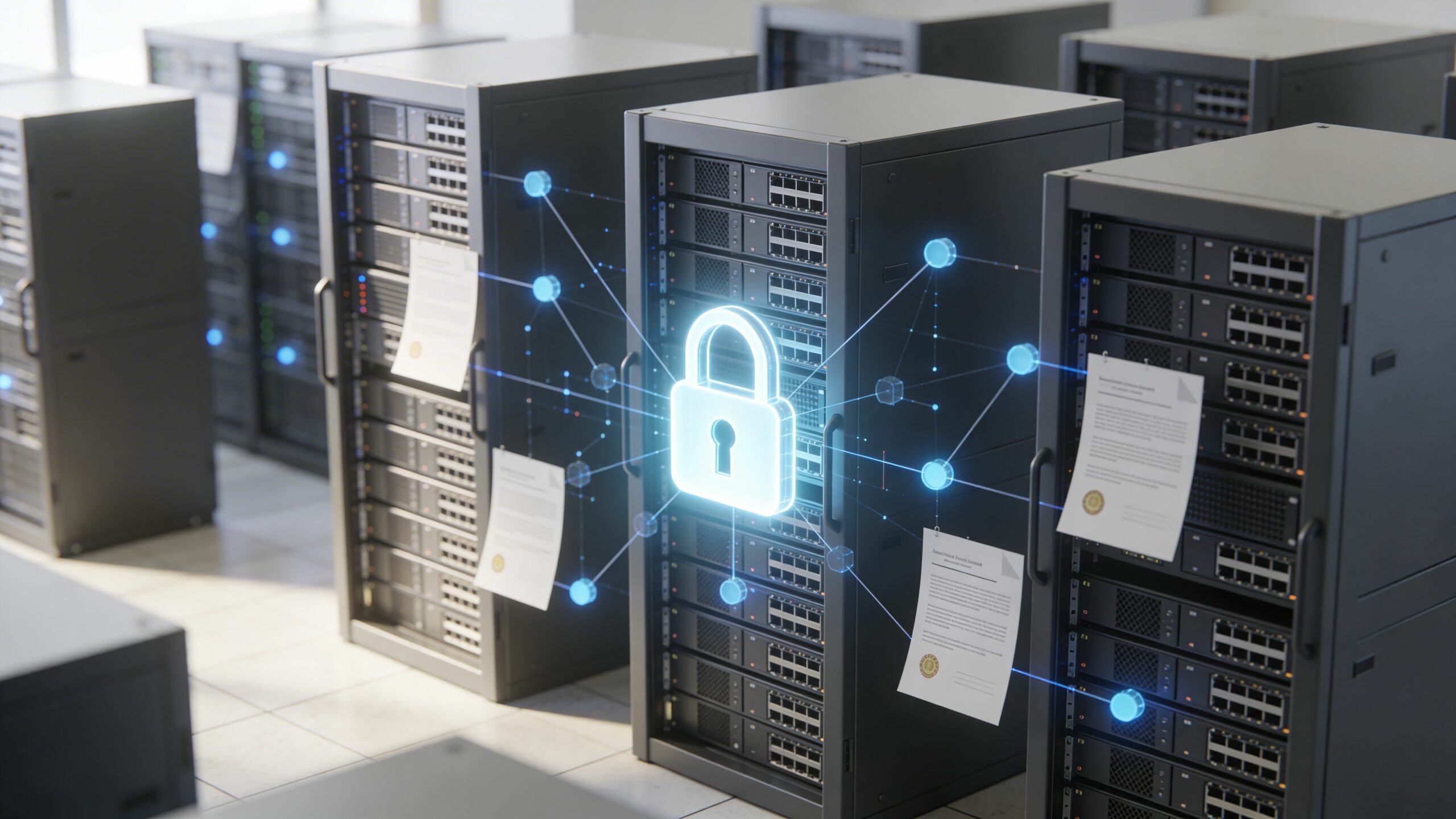 Serveurs informatiques sécurisés dans un centre de données avec un symbole de cadenas numérique de haute technologie