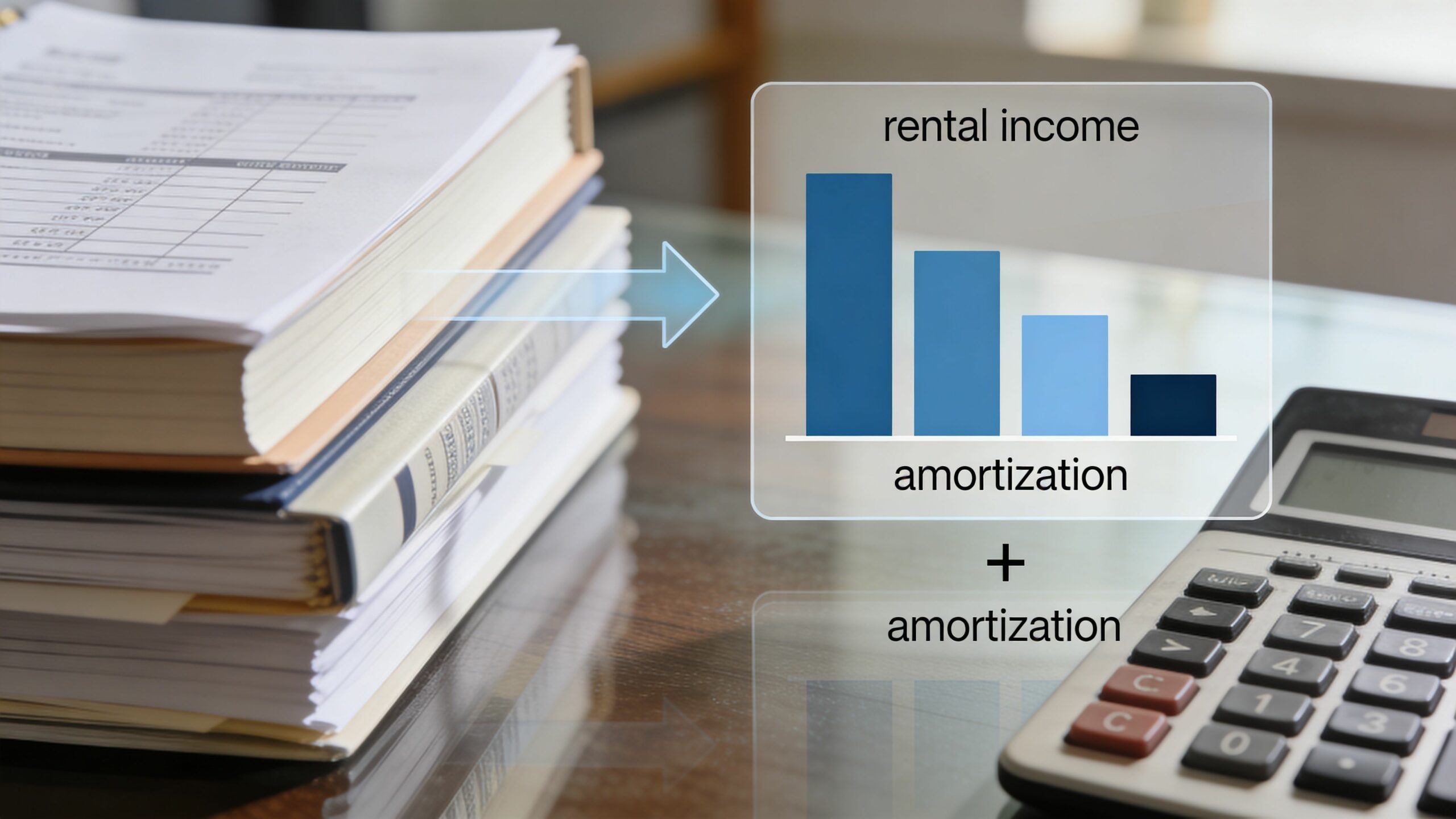 Une pile de documents financiers, un graphique de revenus locatifs et une calculatrice sur un bureau.