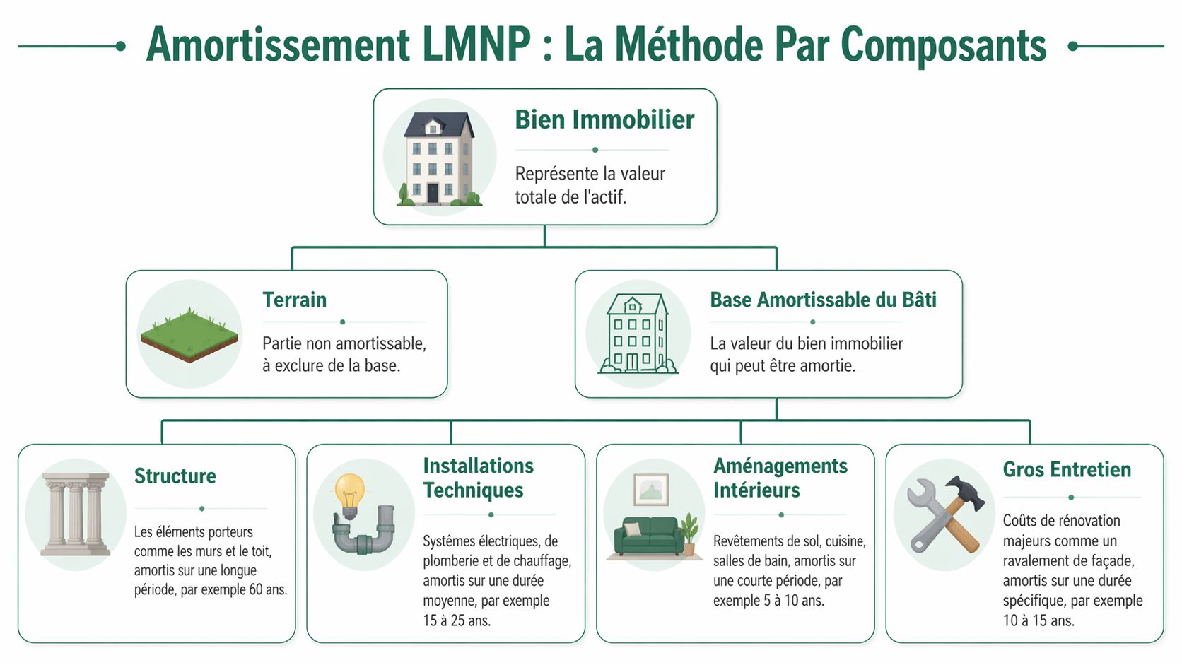Schéma explicatif de la méthode par composants pour l'amortissement comptable dans un investissement locatif LMNP en France.