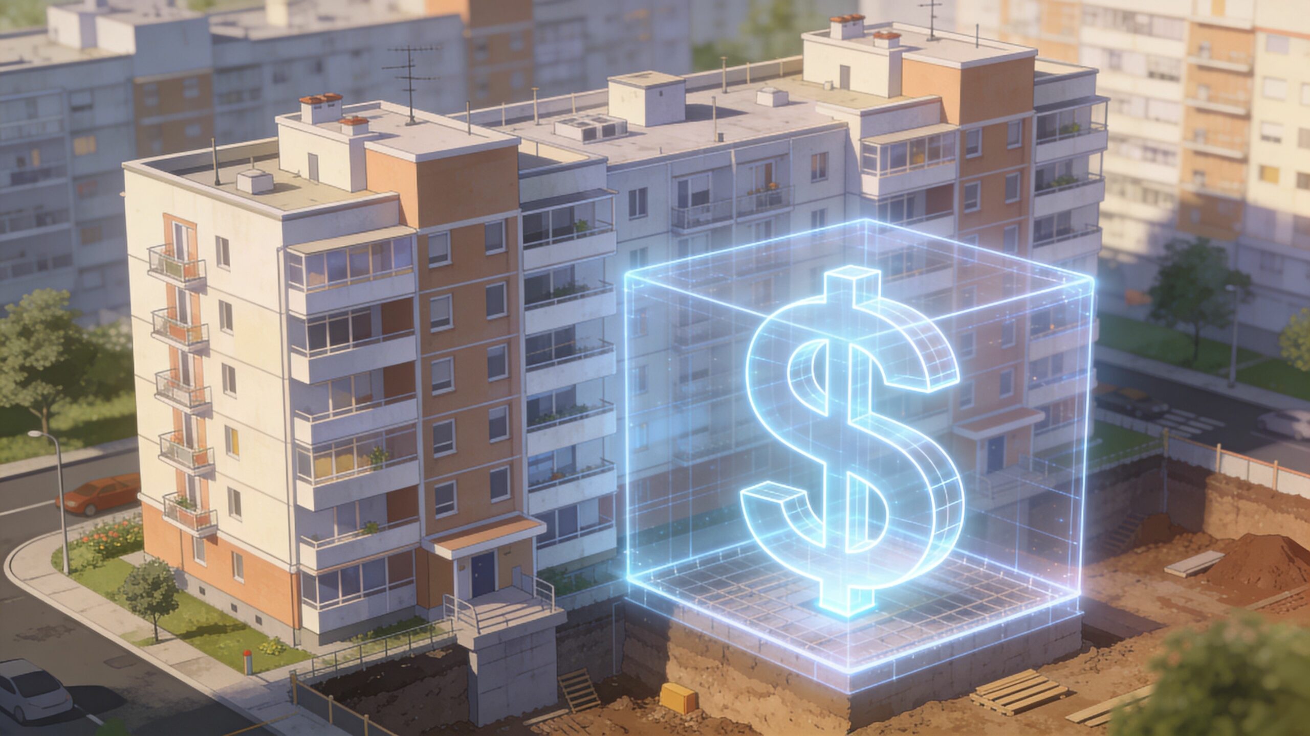 Une illustration conceptuelle montrant un immeuble résidentiel avec un symbole de dollar en hologramme sur un chantier.