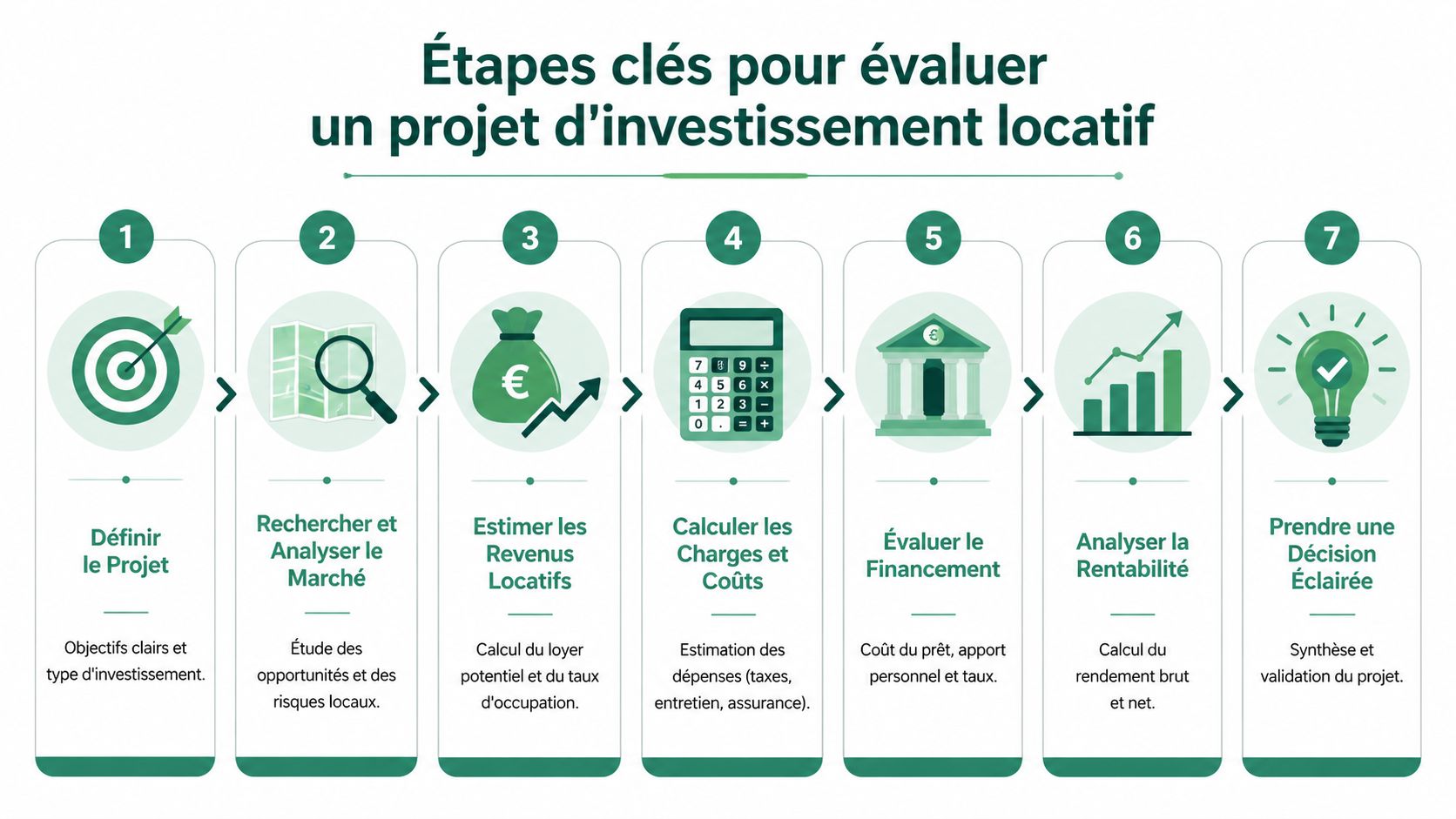 Infographie illustrant les sept étapes clés pour évaluer avec succès un projet d'investissement locatif immobilier.