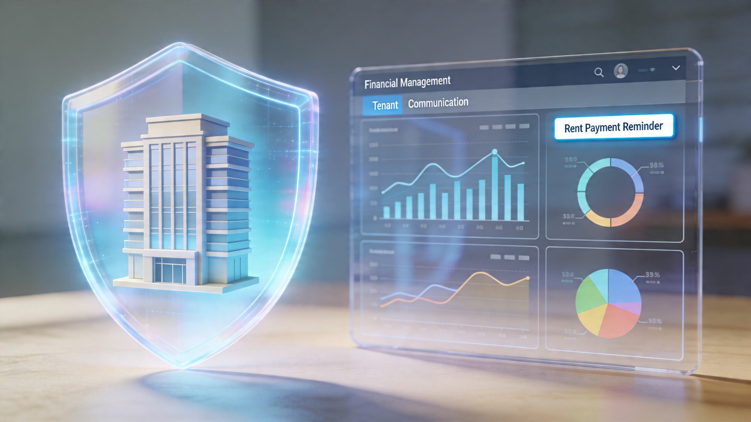 Interface numérique de gestion financière immobilière avec un bouclier holographique protégeant une icône de bâtiment moderne.