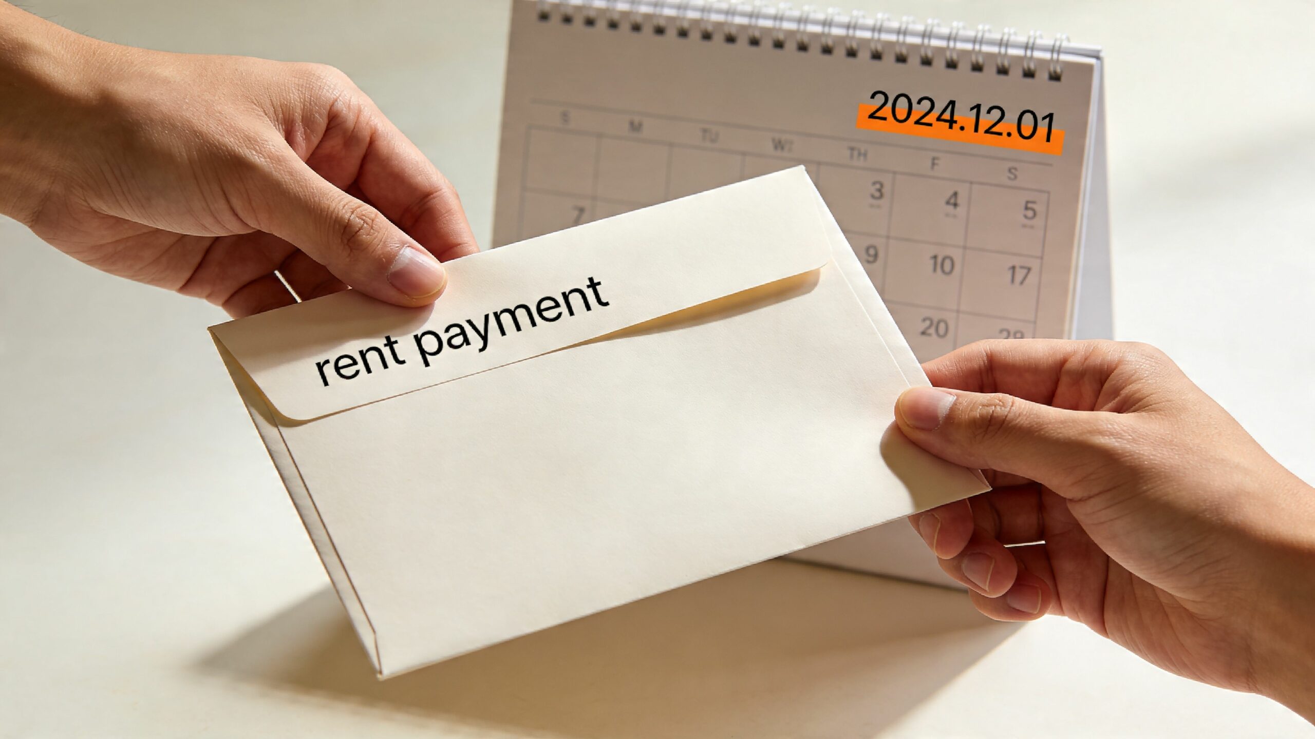 Une main remet une enveloppe marquée de l'inscription loyer à une autre personne près d'un calendrier