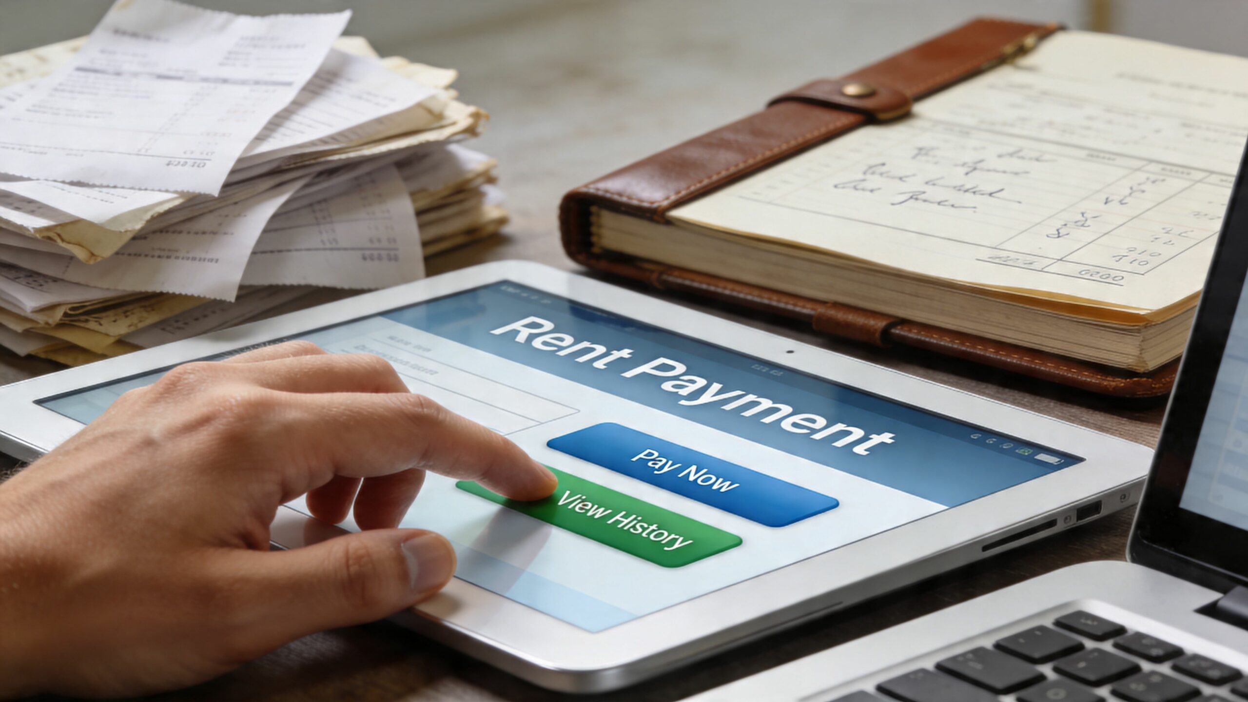 Une personne utilise une tablette numérique pour effectuer un paiement de loyer en ligne depuis un bureau.