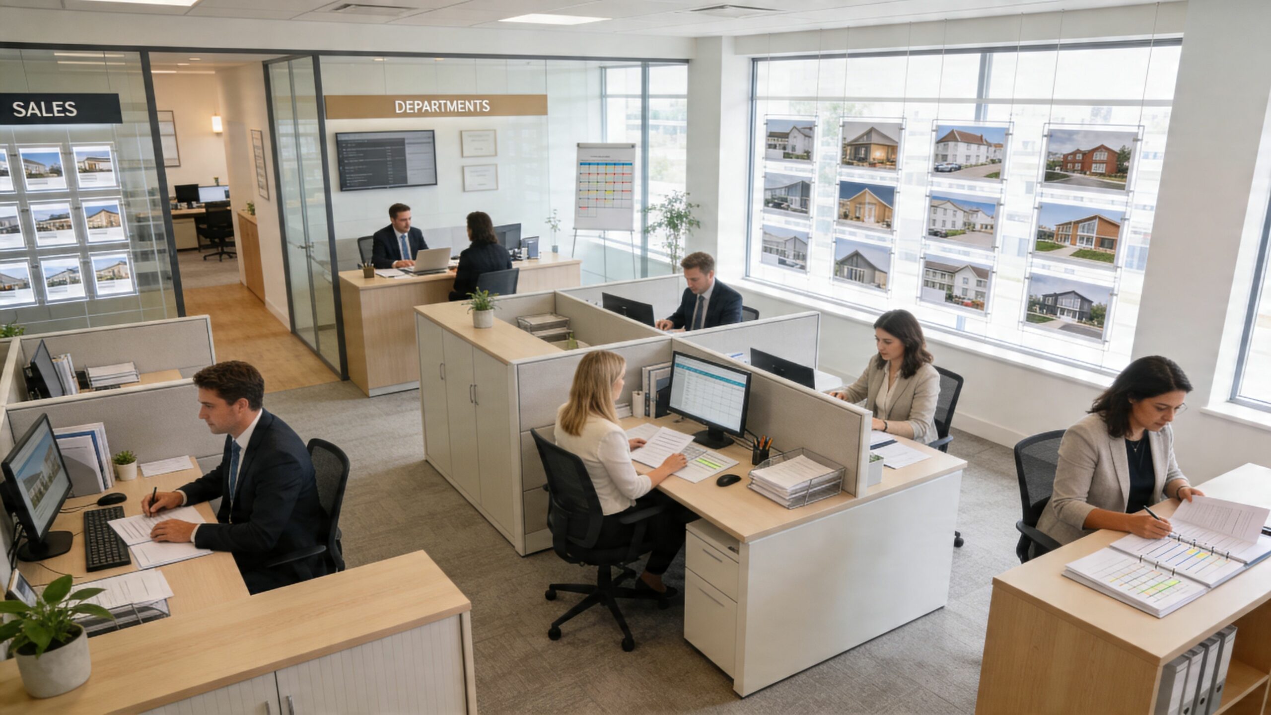 Une vue plongeante d'un bureau moderne d'agence immobilière avec plusieurs employés travaillant dans des espaces ouverts.