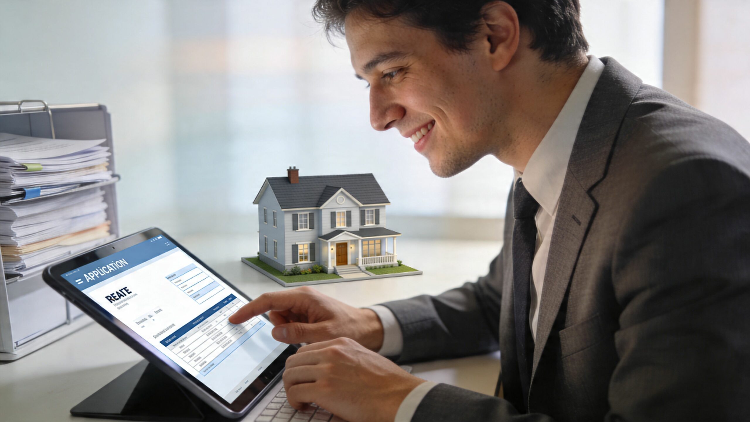 Un agent immobilier souriant utilise une tablette numérique pour gérer des documents de vente de maisons.