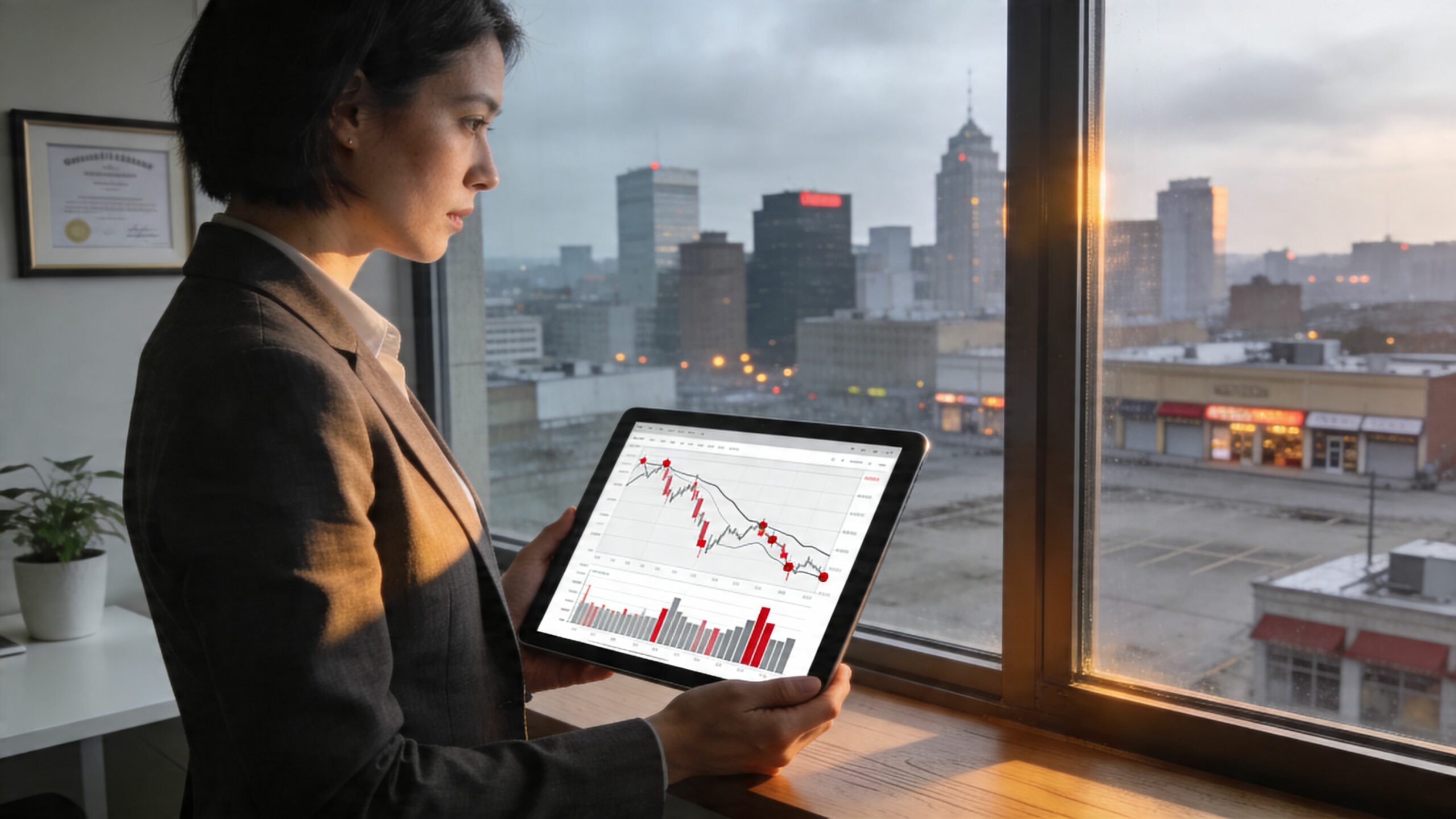 Une femme d'affaires regarde un graphique boursier sur une tablette numérique près d'une fenêtre avec vue urbaine.