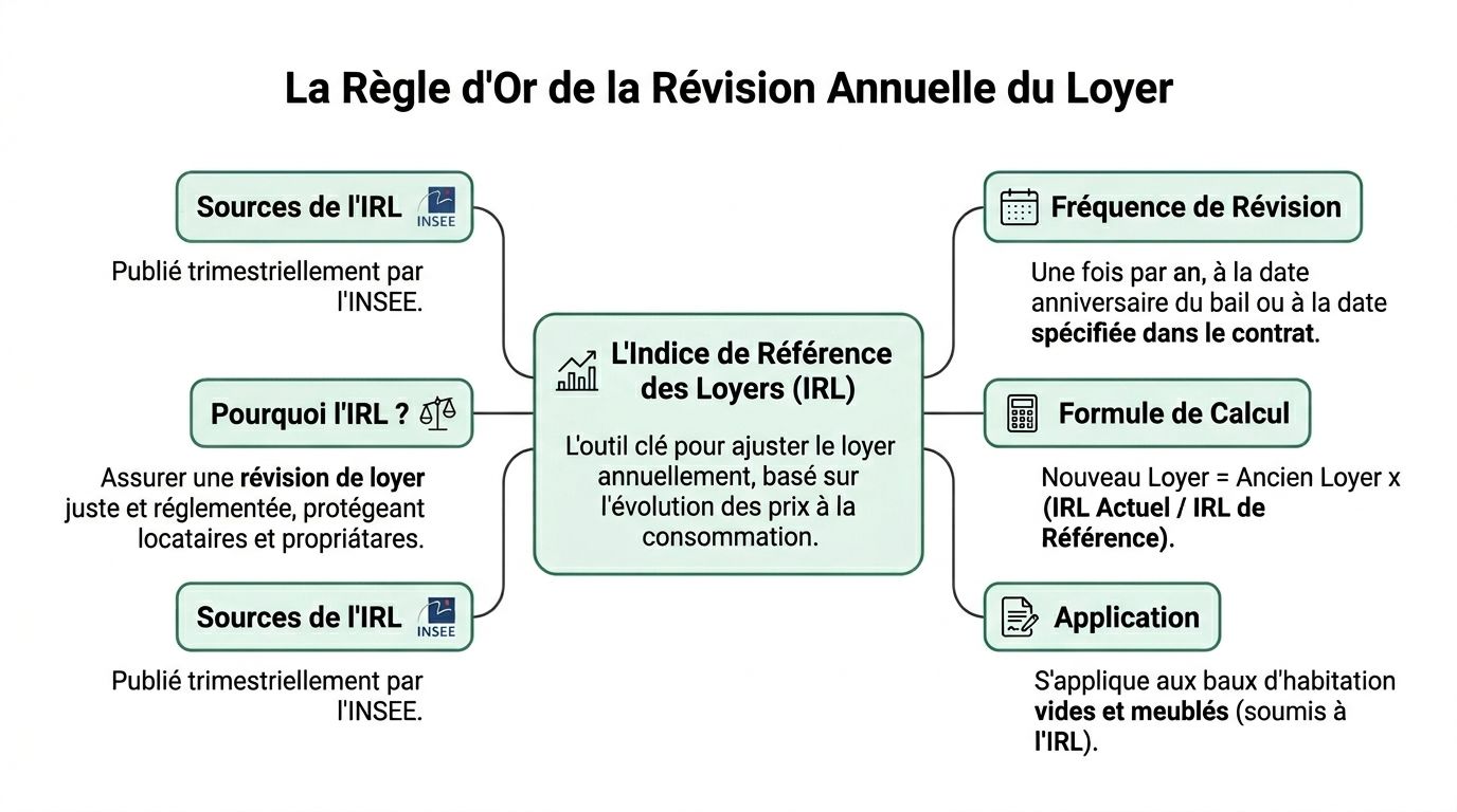 Schéma explicatif de la règle d'or pour la révision annuelle des loyers basée sur l'indice IRL.