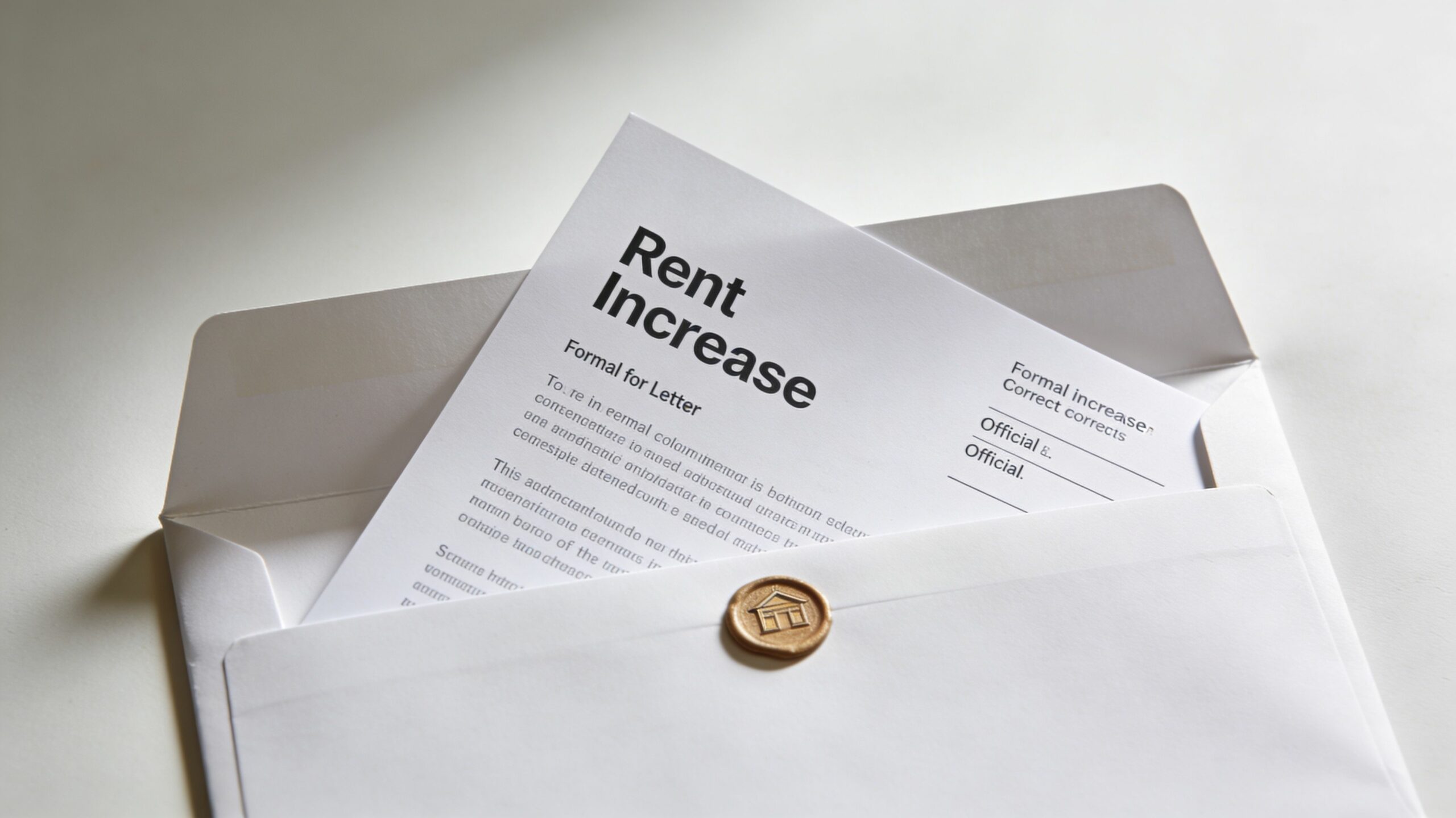 Une lettre formelle d'augmentation de loyer placée à l'intérieur d'une enveloppe blanche avec un sceau doré.