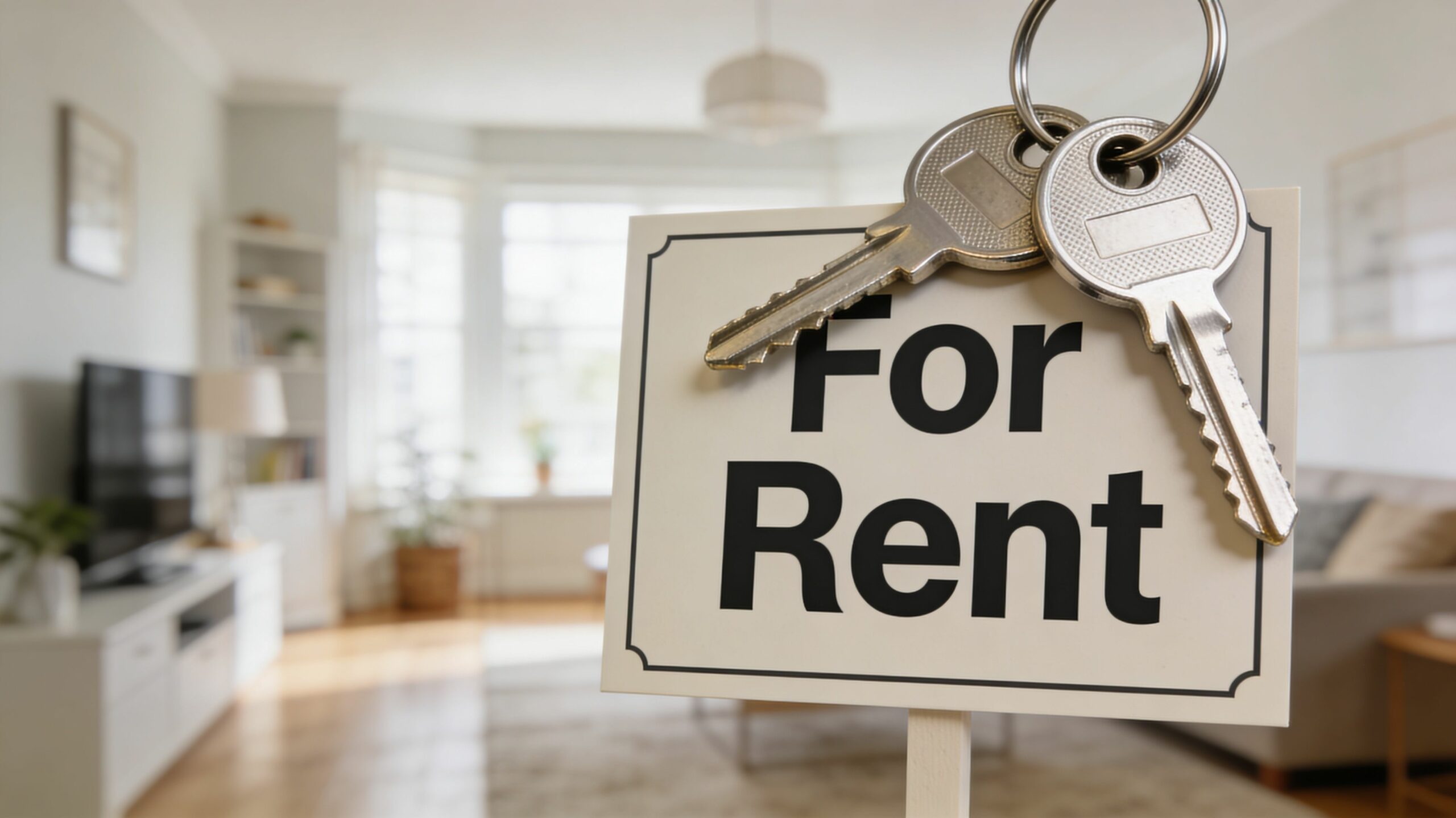 Panneau publicitaire indiquant une location avec des clés posées au premier plan dans un intérieur lumineux.