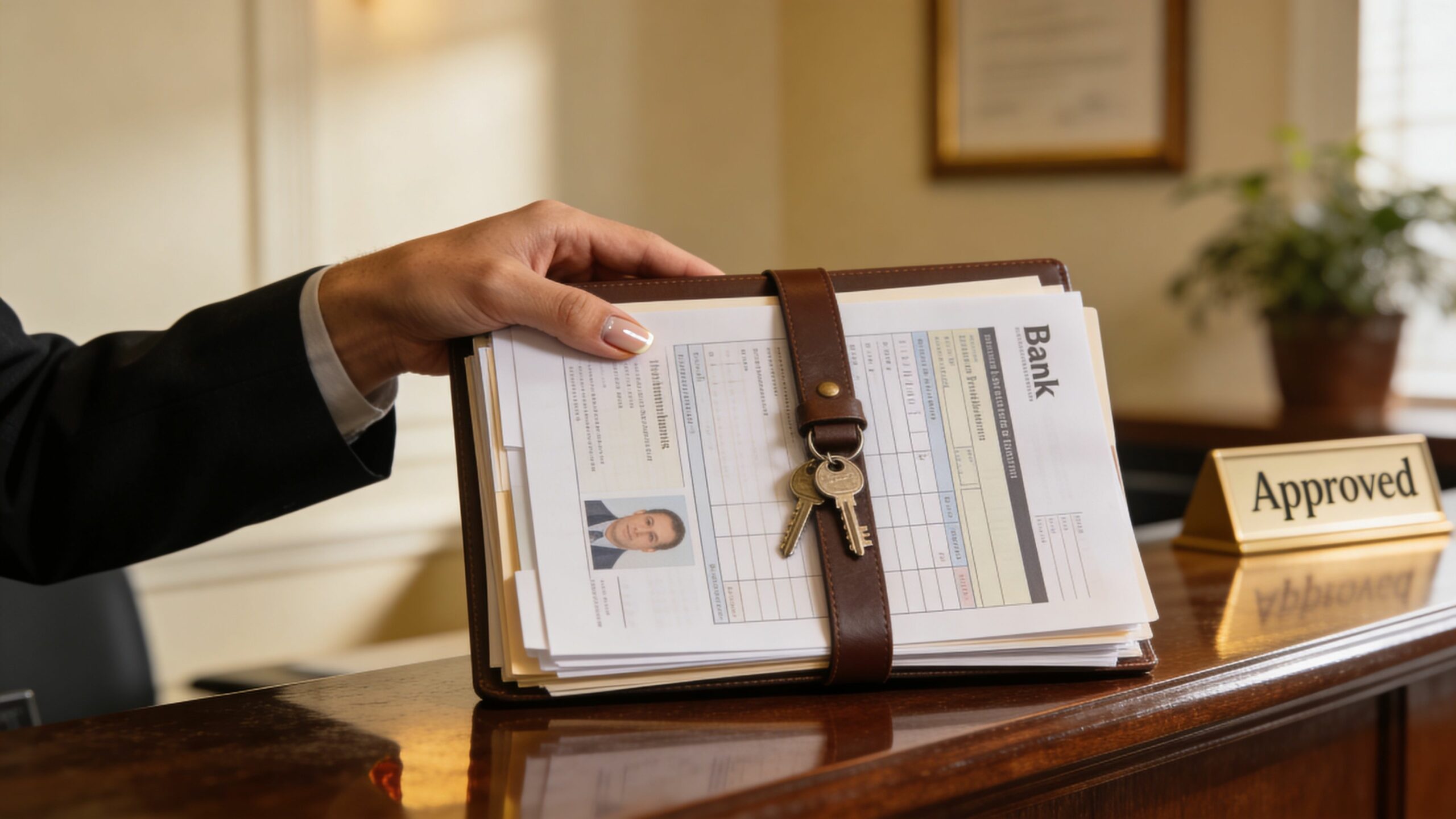 Une main tenant un dossier bancaire avec des clés pour un projet de prêt pour investissement locatif.