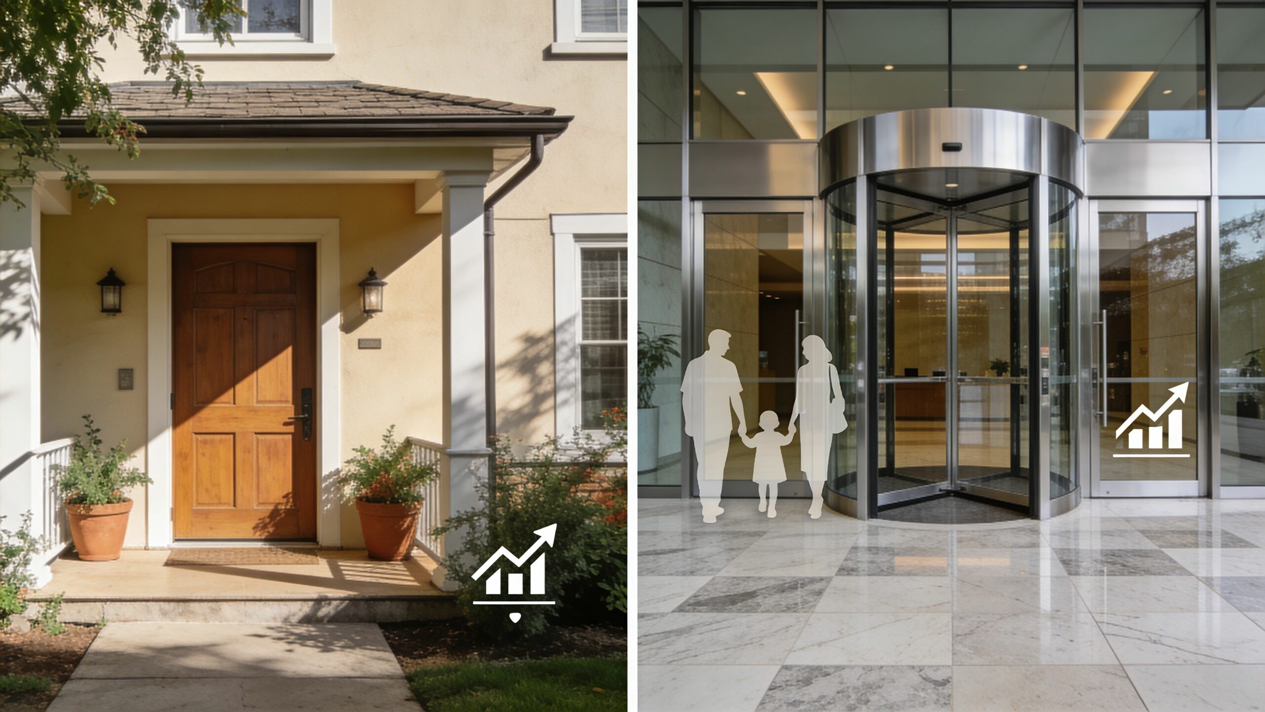 Une comparaison visuelle entre une maison résidentielle et l'entrée moderne d'un immeuble commercial pour investissement.