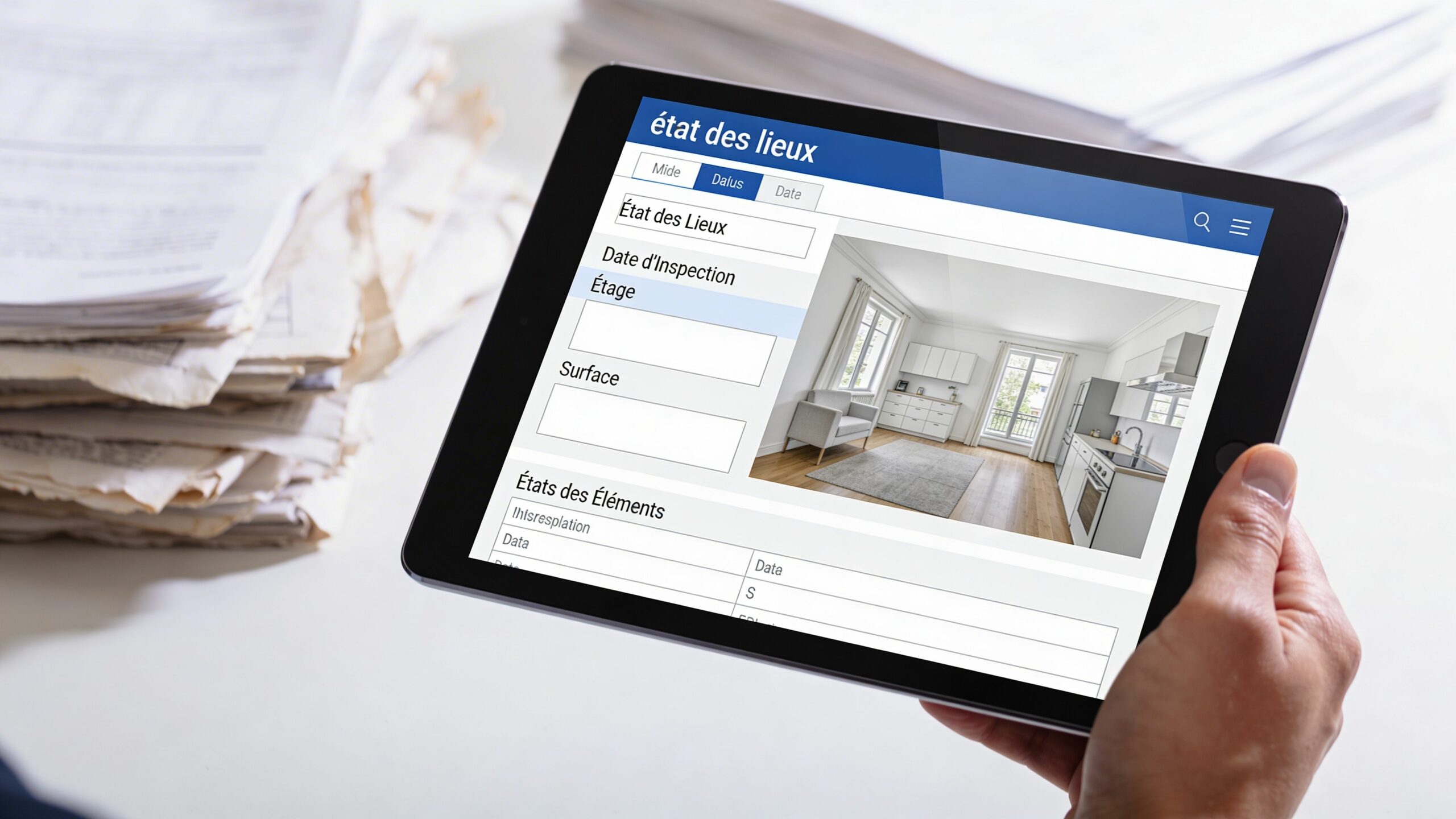 Une personne tient une tablette numérique affichant une application de gestion d'état des lieux immobilier.