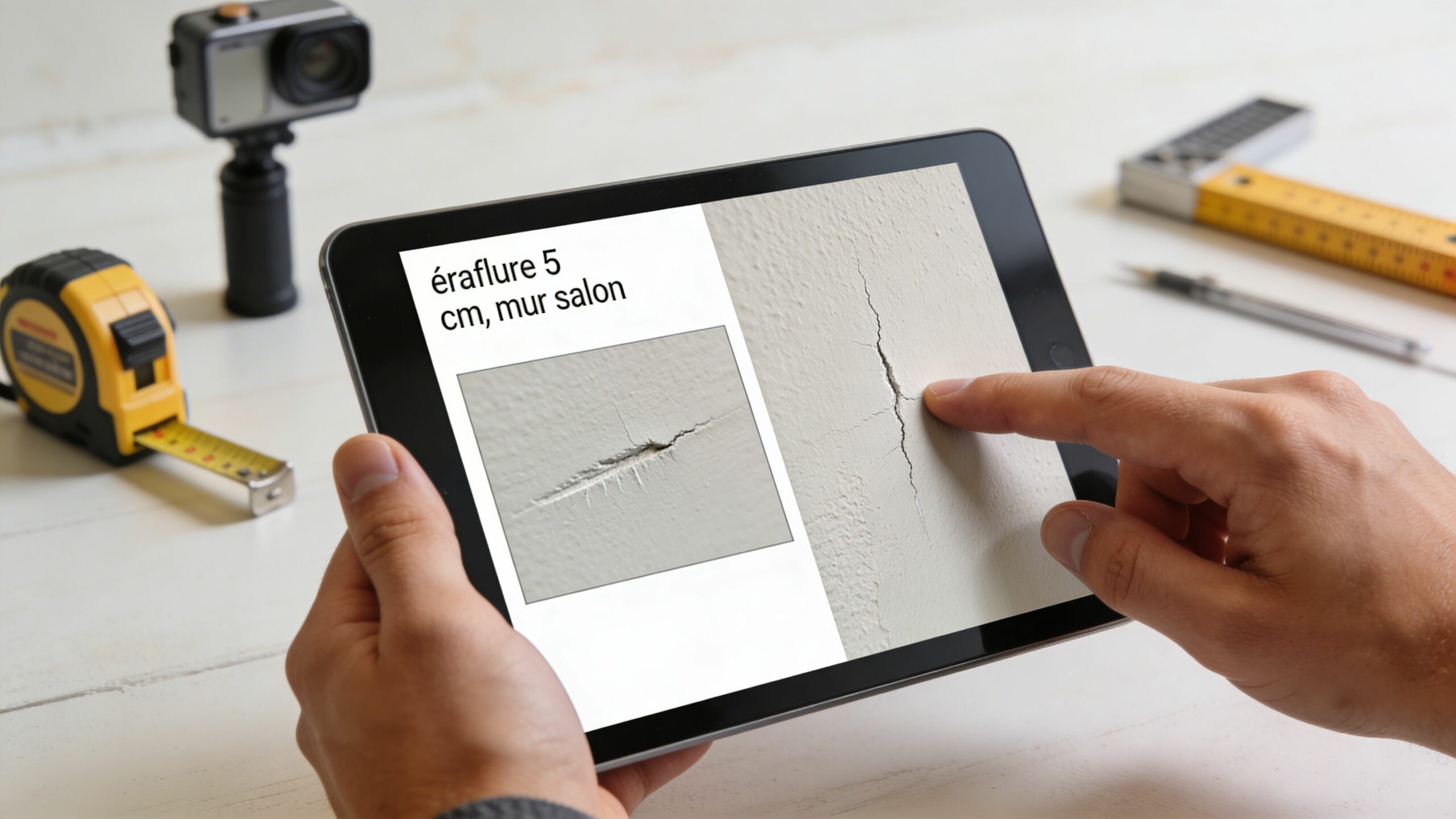 Une personne utilisant une tablette numérique pour documenter des dégâts sur un mur lors d'un état des lieux.